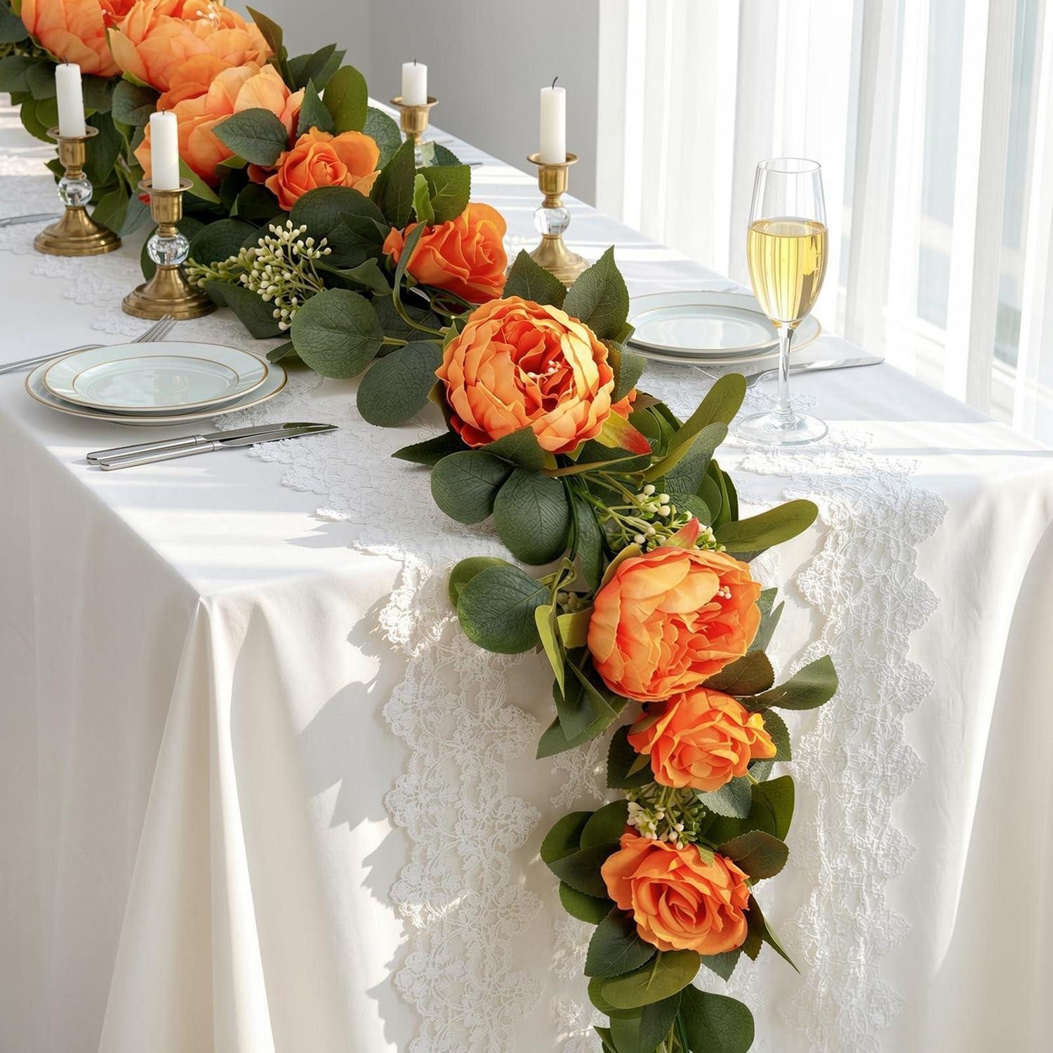 Kunstgirlande Eukalyptus Girlande mit Rosen & Pfingstrosen 1,8M Orange, LuxusKollektion, Höhe 5 cm