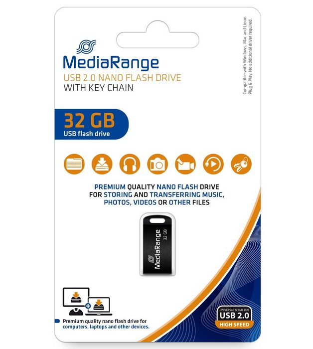 Mediarange USB Stick 32GB Speicherstick Nano inkl. Schlüsselanhänger schwarz USB-Stick