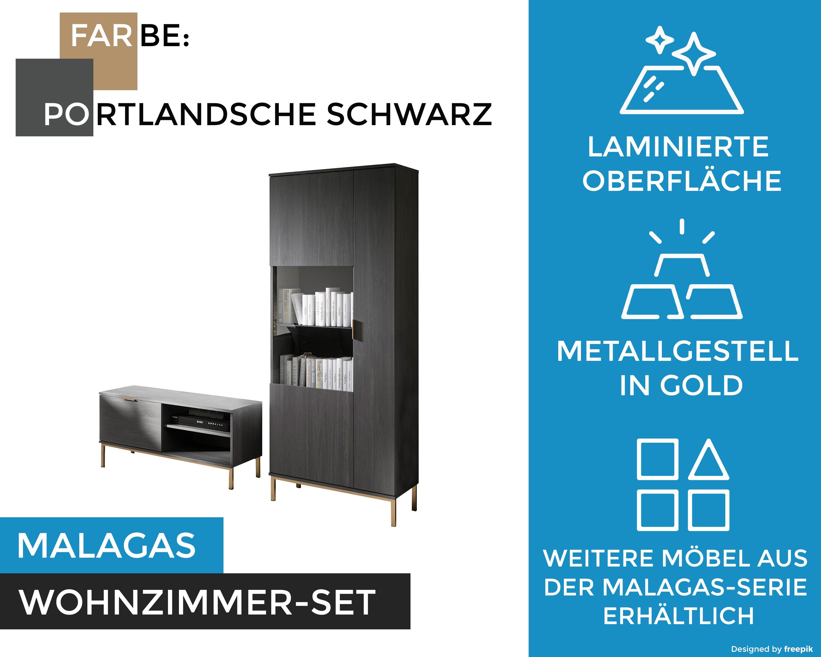 2-St), Portlandesche bzw. H190 4-teilig, x II x Wohnwand TV-Wand x 2 cm cm Teile: 2 H190 B170x Goldgestell, Teile: Furnix mit (Spar-Set, T41 MALAGAS Schwarz /4 B290 Wohnzimmer-Set T41