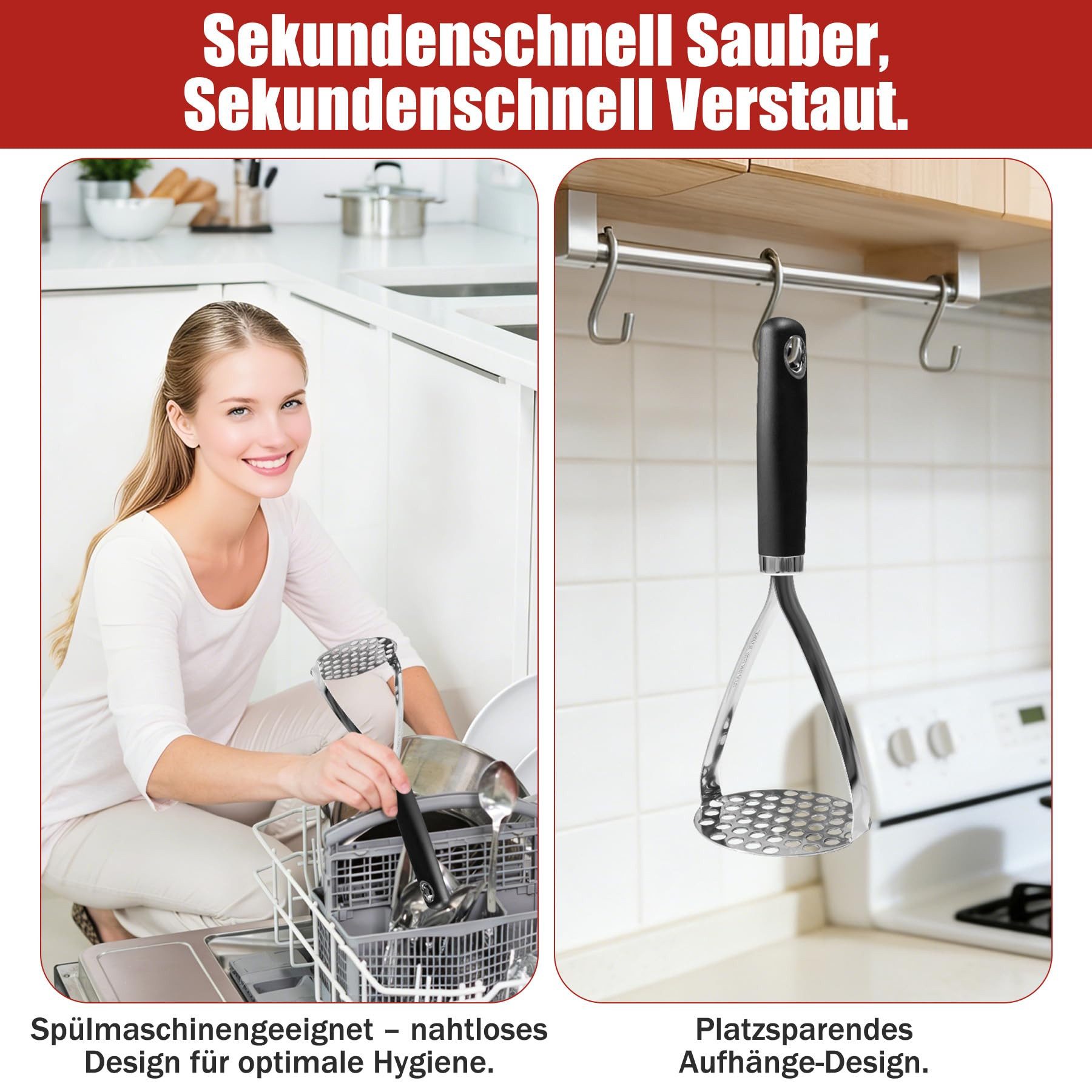 SURFOU Kartoffelstampfer Kartoffelstampfer Edelstahl - Stampfer Kartoffelpresse Mit Soft-Griff (1 St), Edelstahl, Hochbelastbar & Lebensmittelecht, Spülmaschinengeeignet Rutschfester
