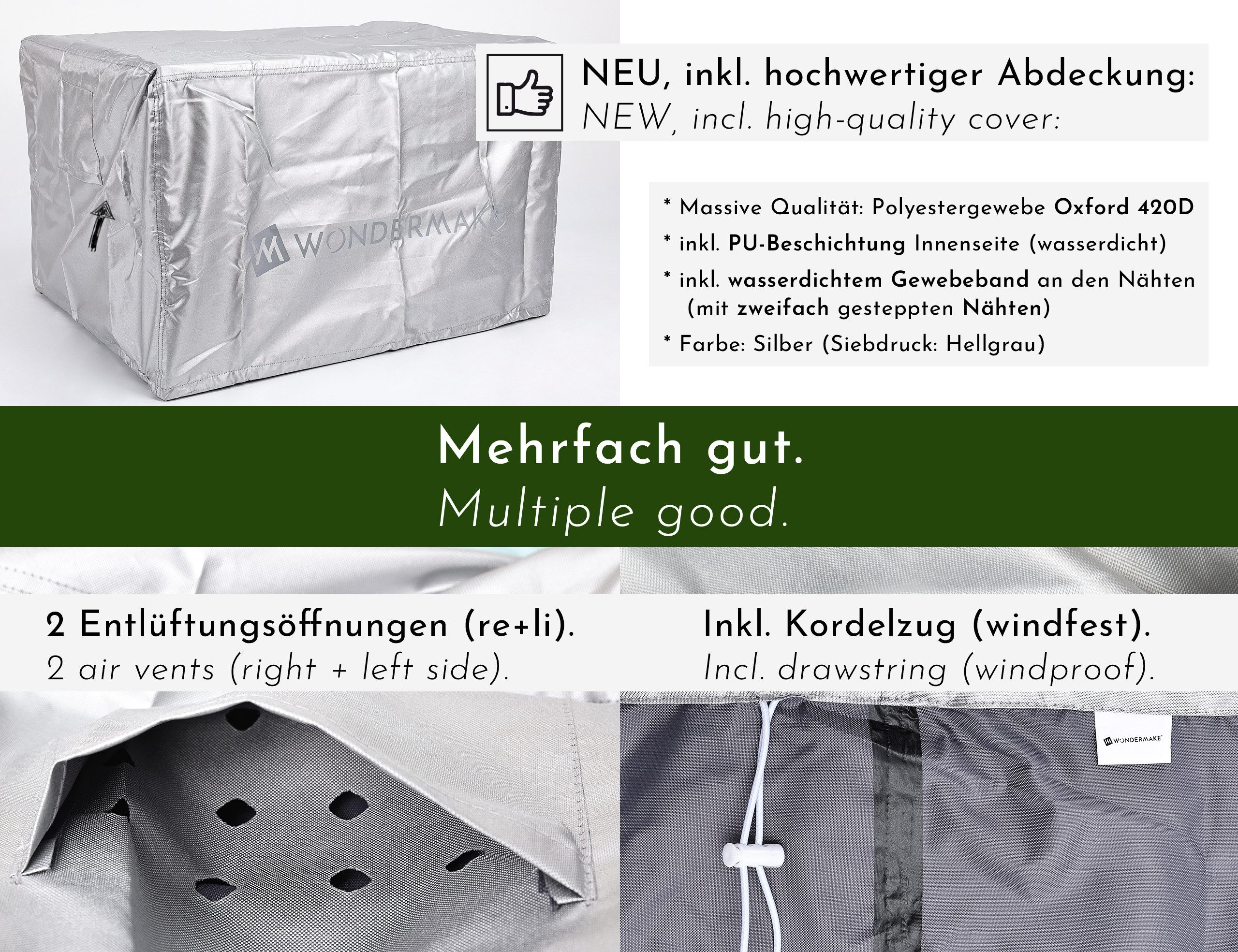 WONDERMAKE Garten-Kindersitzgruppe aus Holz ab 3 Jahre, Outdoor Indoor Kinder-Sitzgarnitur draußen grau, (2x Hocker, 1x Bank, 1x Tisch, 4-tlg), Gartenmöbel-Set Sitzgruppe Garnitur drinnen, 4 Plätze, Picknick-Gruppe