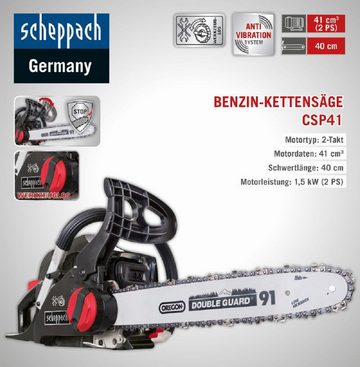 Scheppach Benzin-Kettensäge Benzin Kettensäge CSP41 16" Oregon Schwert 41cm³ 2 Takt Motor, Werkzeugloses Ketten-Schnellspann-System