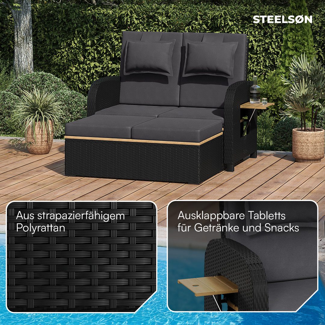 STEELSØN Gartenlounge-Set Caelum Gartensofa mit Liegefunktion, (schwarz/anthrazit, mit Kissen, wetterfest), Rattan Sonnenliege, herausziehbare Bank, ausklappbare Seiten-Tabletts