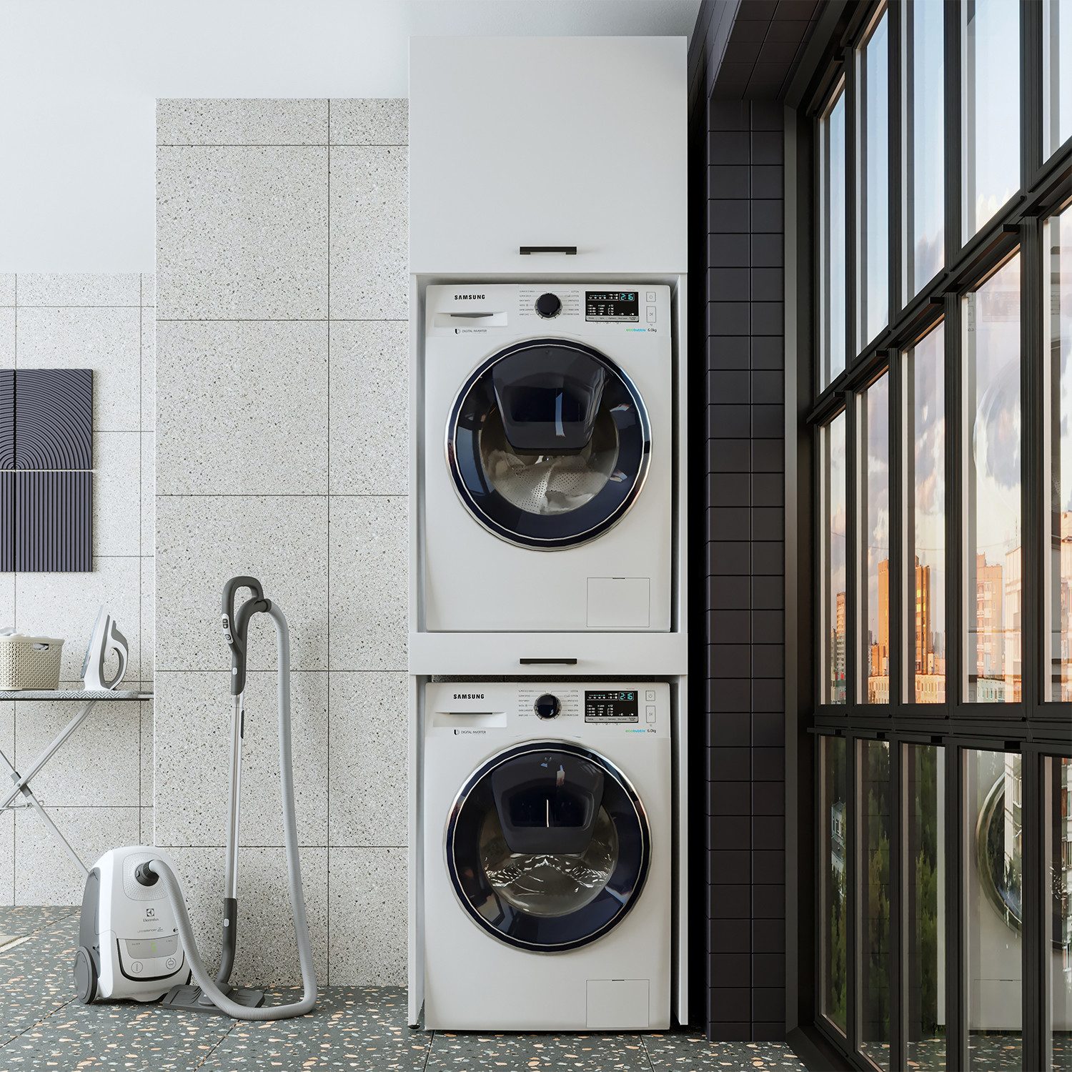 Roomart Waschmaschinenumbauschrank Waschplatz für Waschmaschine & Trockner mit Ausziehbrett & Hochschrank (Waschmaschinenschrank für Trockner und Waschmaschine Überbauschrank)