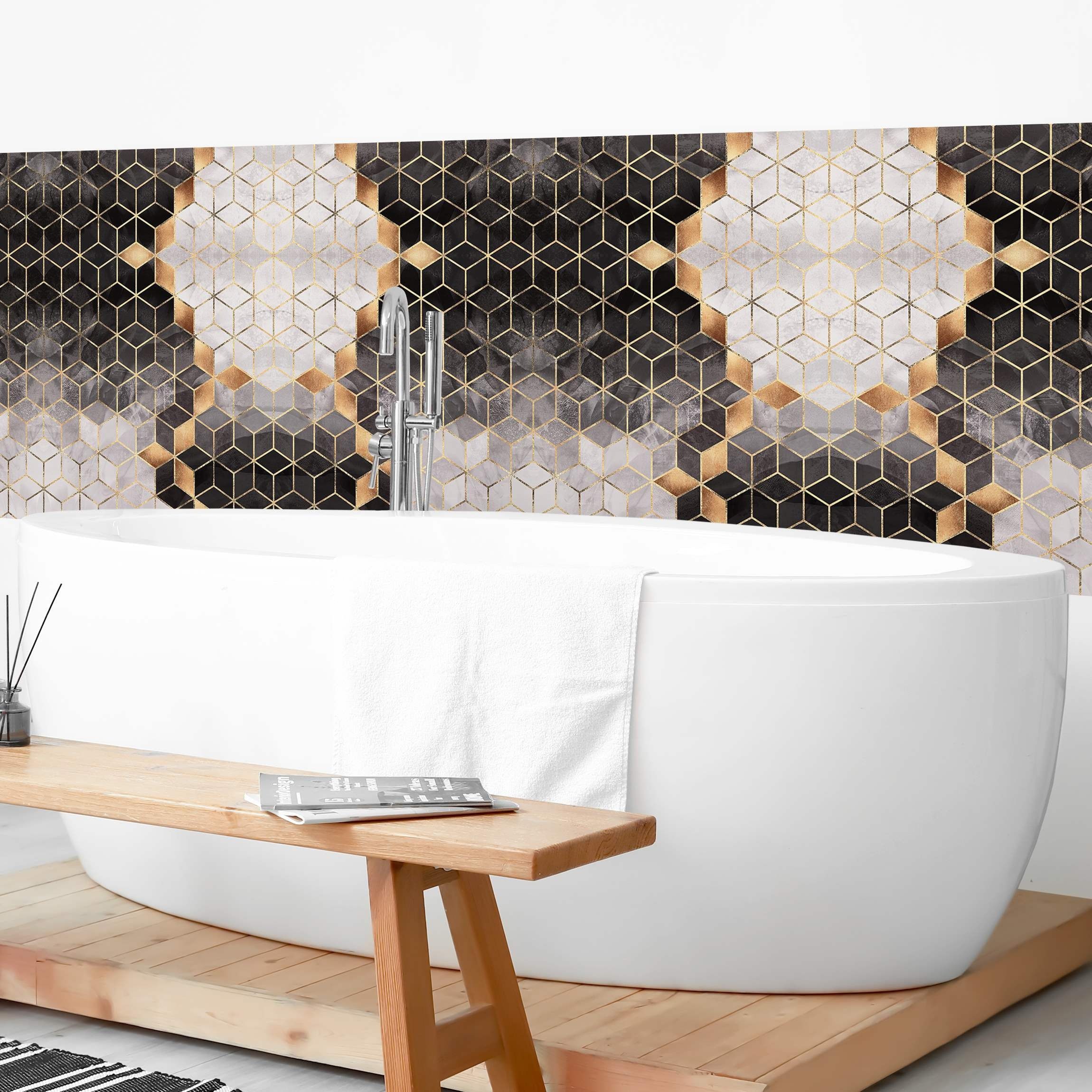 Bilderdepot24 Badrückwand schwarz weiss fugenlose Wandverkleidung Bad Abstrakt, (Hartfolie matt » Selbstklebend SMART 0,35 mm), wasserfestes Wandpaneel Geometrie