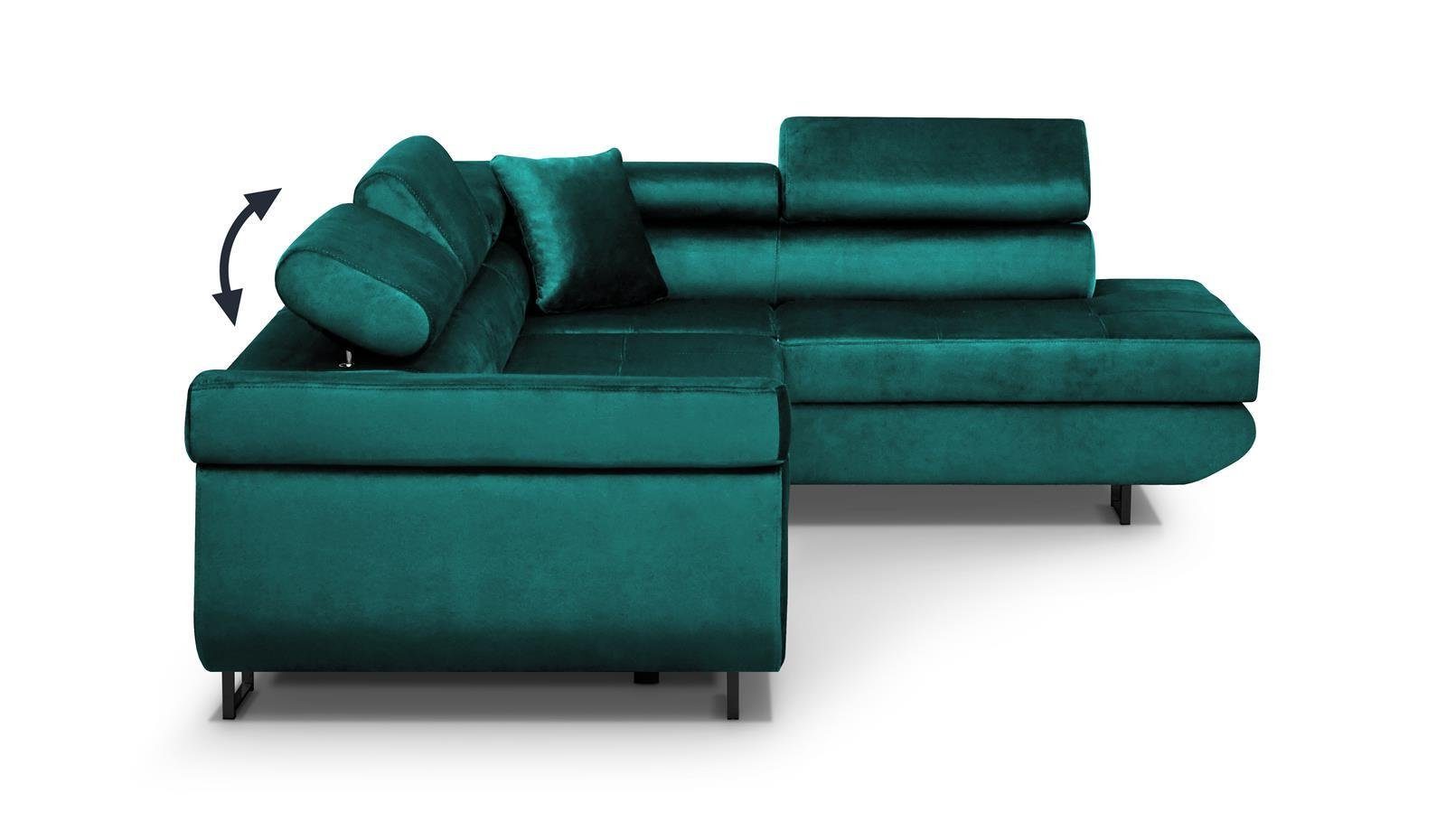 Beautysofa Ecksofa mit Ecke grün gepolstertes (monolith Waldo Flasches für Kopfstützen, Wellenfedern, Wohnzimmer L, verstellbaren Bettkasten, Schlaffunktion, 37) inklusive mit Schlafecke L-förmige