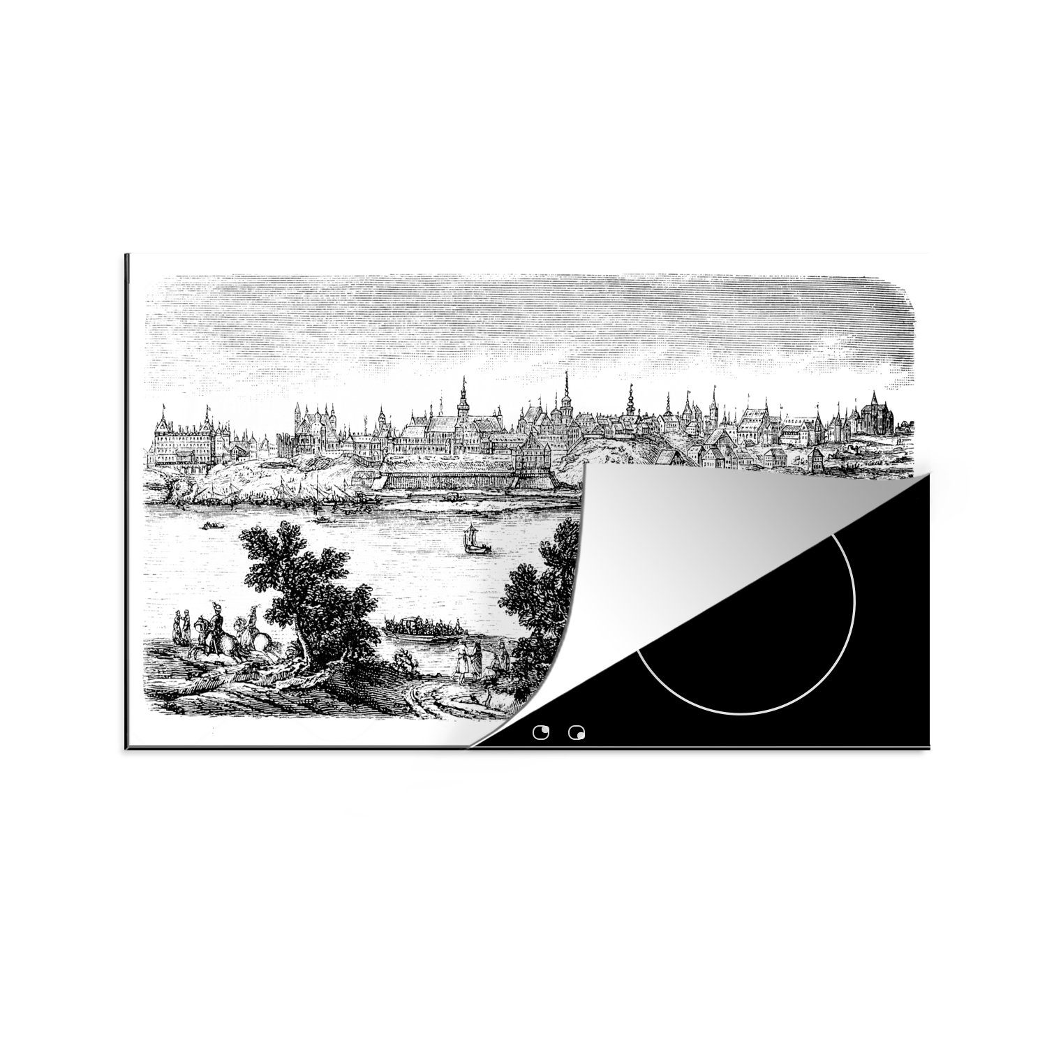 83x51 Ceranfeldabdeckung, Luftbildes tlg), europäischen eines des küche cm, Arbeitsplatte Herdblende-/Abdeckplatte Warschaus, MuchoWow (1 für Vinyl, Historische Illustration
