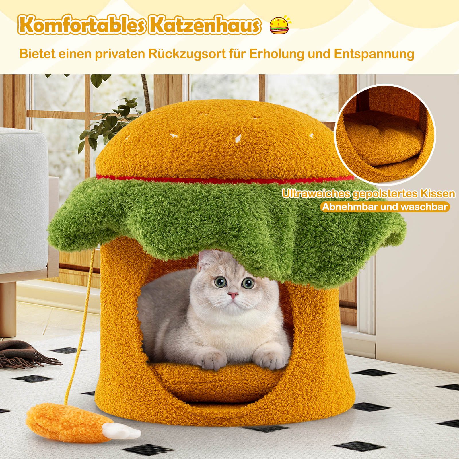 COSTWAY Kratzbaum, Katzenbett, Katzenhaus, mit abnehmbarem Kissen