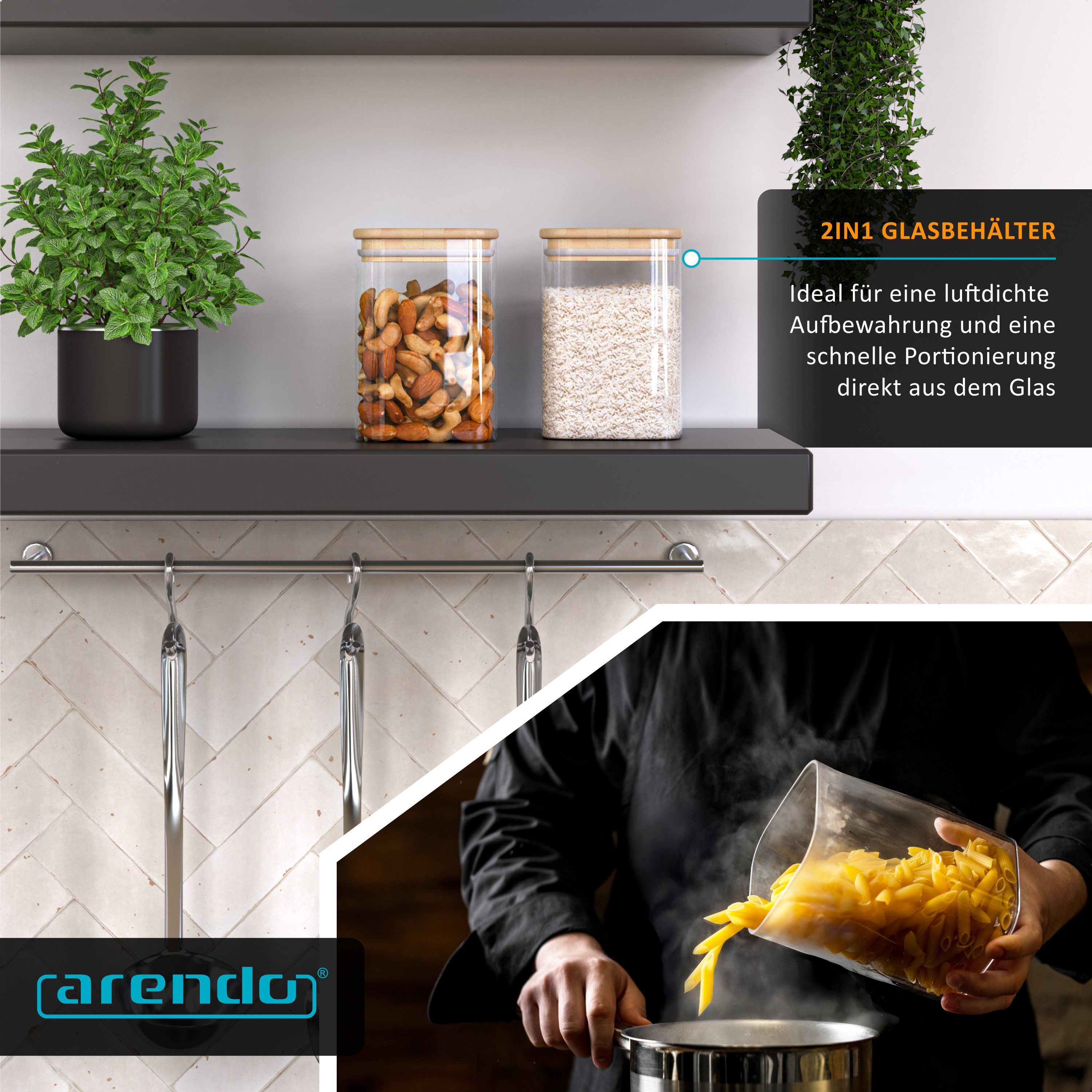 Arendo Aufbewahrungsbecher Glasbehälter-Set 4x 1,2 L Borosilikatglas mit Bambusdeckel, luftdicht, Borosilikatglas, Bambus, Silikon, (Vorratsbehälter-Set, 4-tlg. – Bild 5 von 5