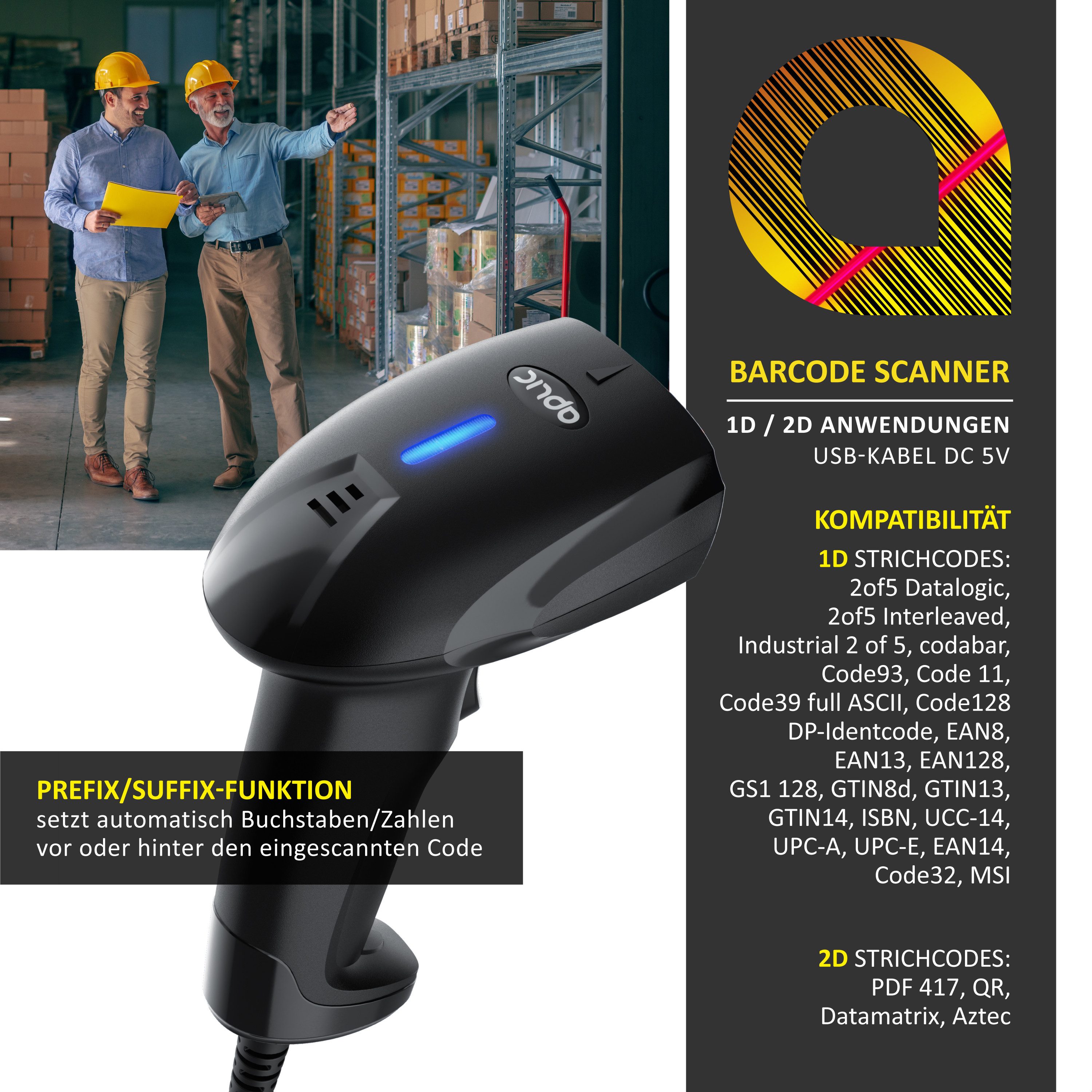 Aplic 1D 2D Barcode-Scanner kabelgebunden USB, manuell/auto, Standhalterung Handscanner, (USB, 1D/2D, hochauflösend, Plug&Play, Terminator wählbar, 15 % Lesekontrast)