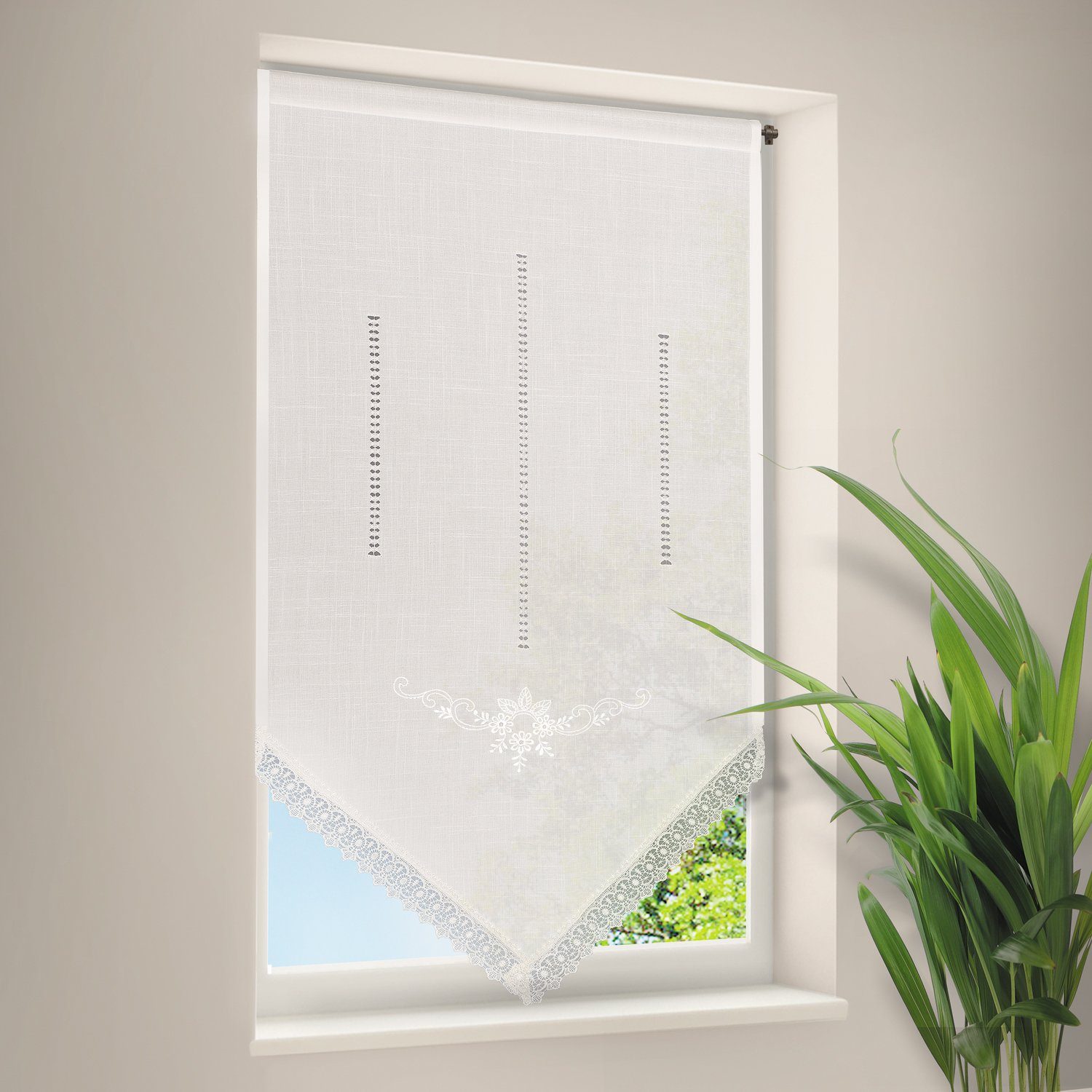 Gardine KARIN Fensterhänger bestickt 120/60cm Natur/Floral Stangendurchzug, Gerster, halbtransparent | Fertiggardinen