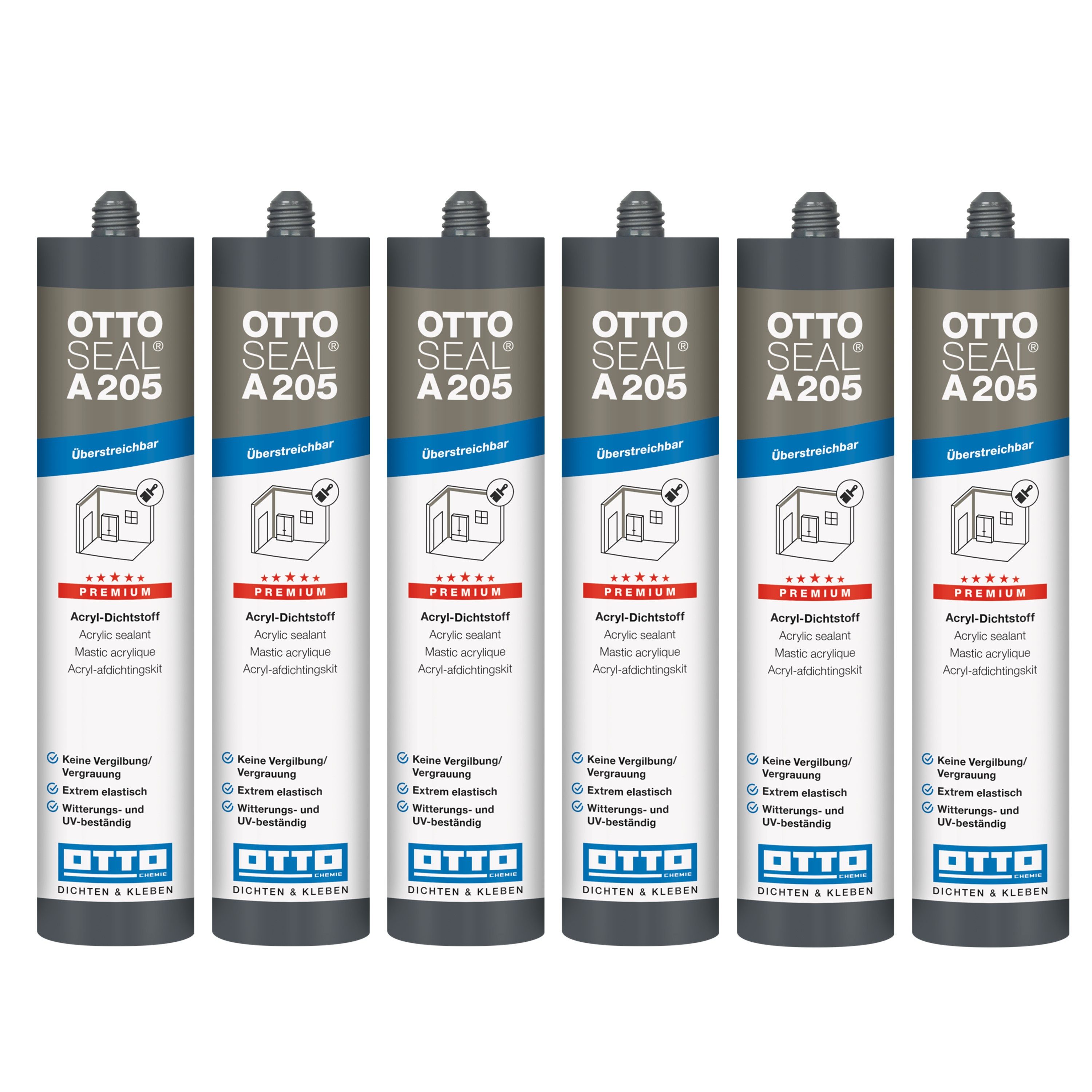 OTTO-Chemie Maleracryl OTTOSEAL A205 Premium-Acryl-Dichtstoff C01 weiß, gebrauchsfertig, (6-tlg), Überstreichbar, Keine Vergilbung, Gute UV-Beständigkeit