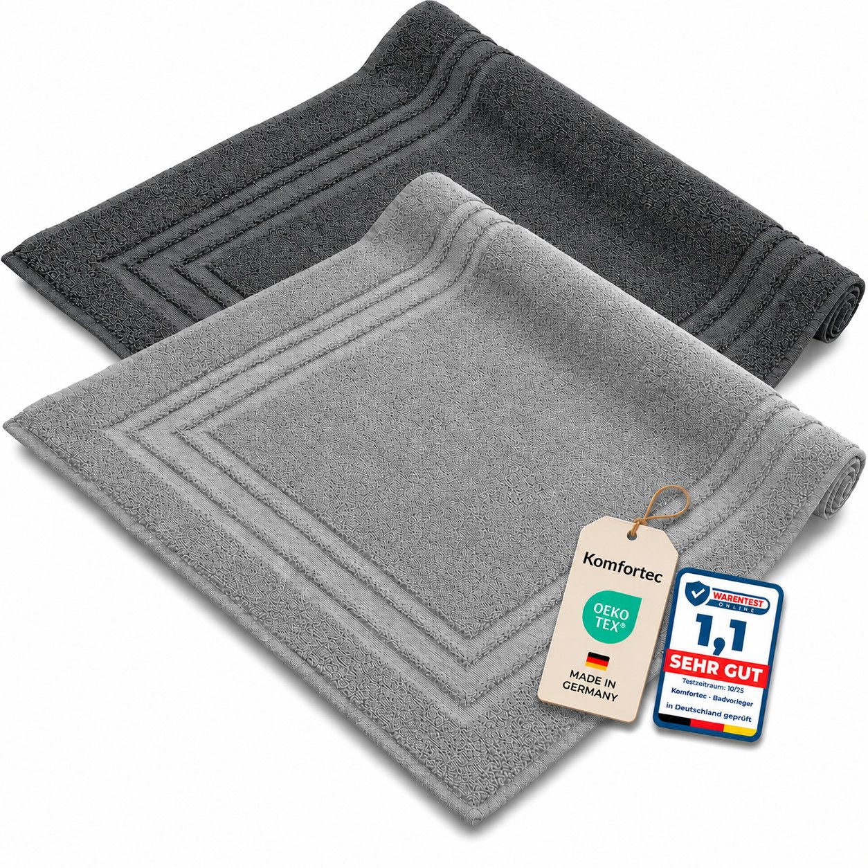 Komfortec Badematte 2er Badetuch Set aus 100% Baumwolle 50x70 cm Extra Weich & Saugstark, Rechteckig, 600 g/m²