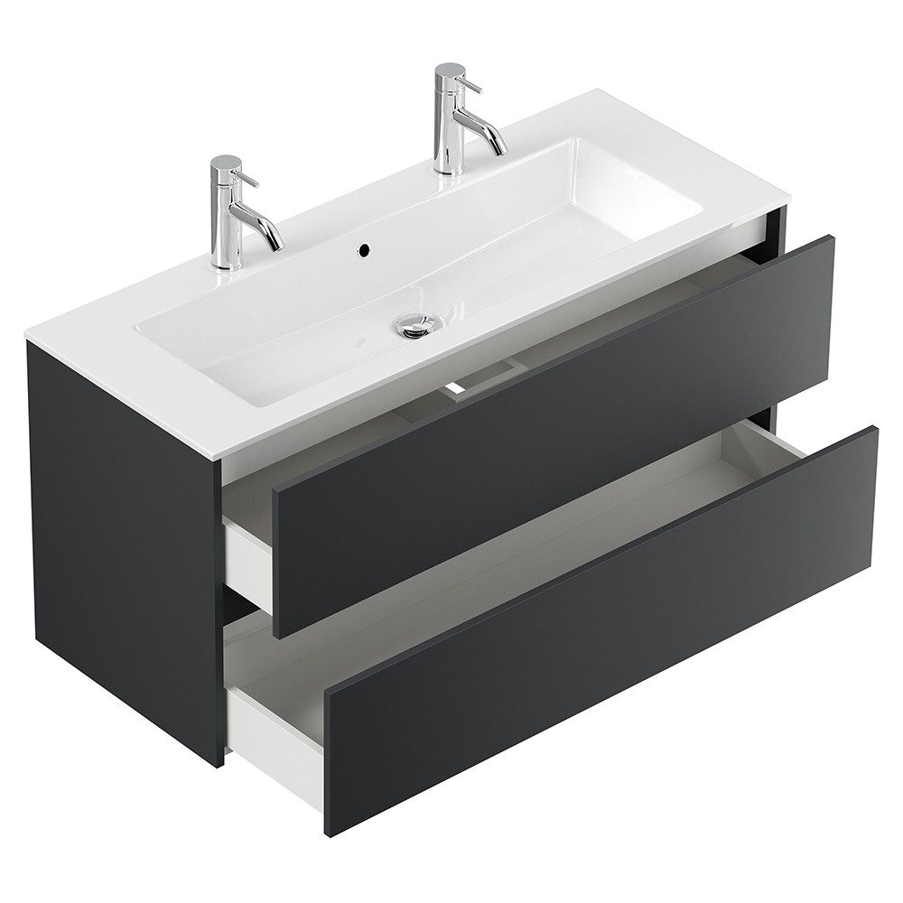 Lomadox Badmöbel-Set LIVIGNO-02, (Spar-Set, 6-St., LED-Spiegel Waschtisch Hochschrank Hängeschränke), in graphit matt mit LED-Beleuchtung