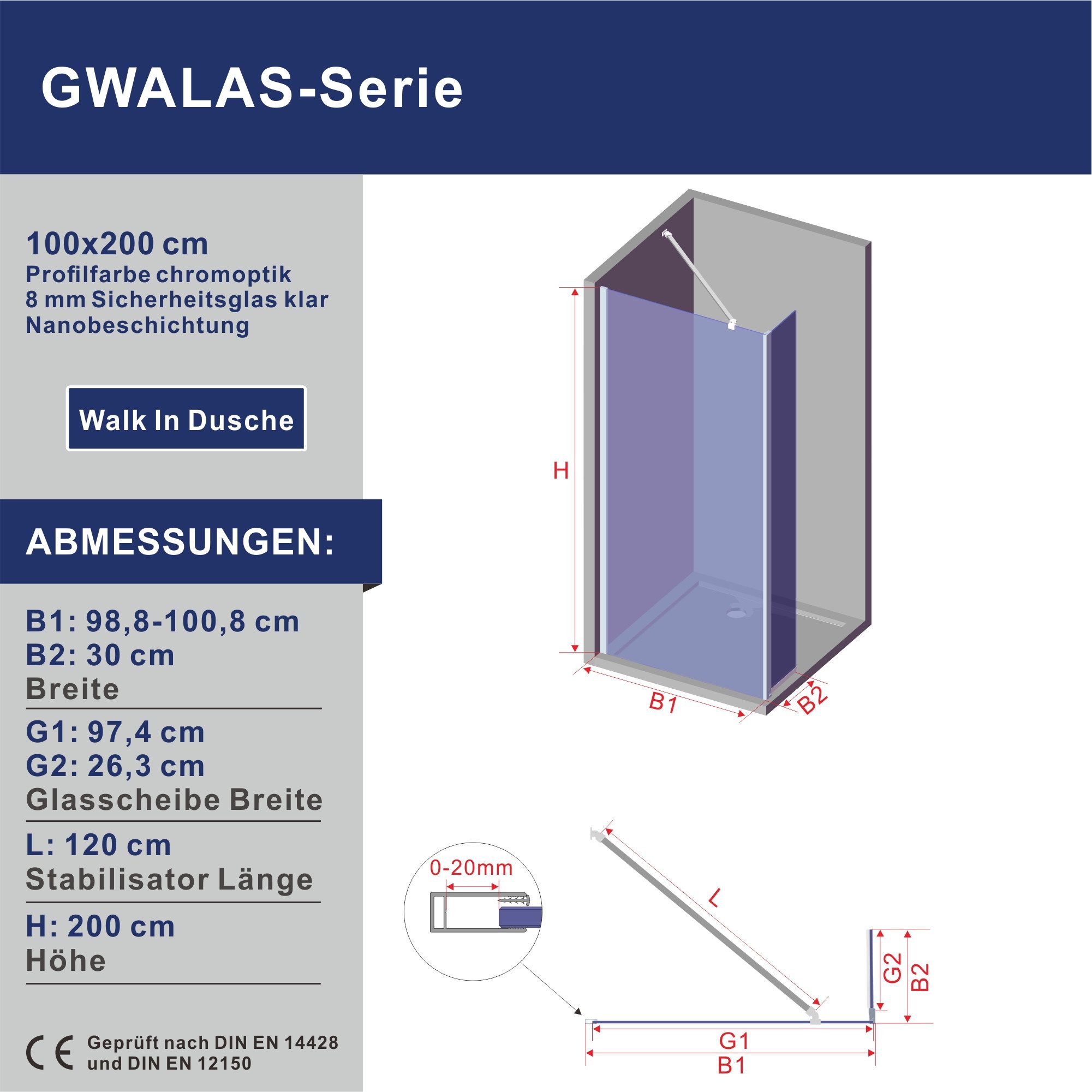 AQUABATOS Duschwand Walk-in-Dusche Duschabtrennung mit 30 cm Spritzschutz, Einscheibensicherheitsglas mit Nanobeschichtung, (80cm,90cm,100cm,110cm,120cm)