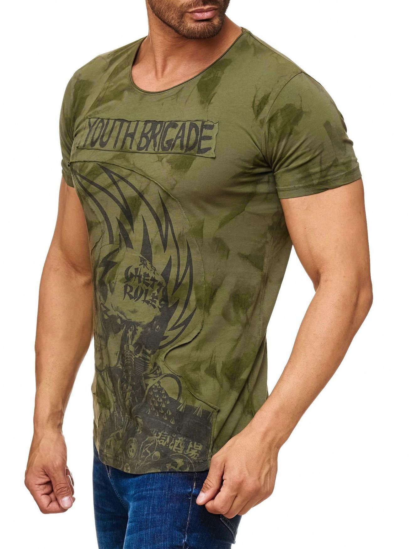 Print T 2162 in Dirty Olive Batik (1-tlg) Shirt Punk H2162 Skull Allover Egomaxx T-Shirt