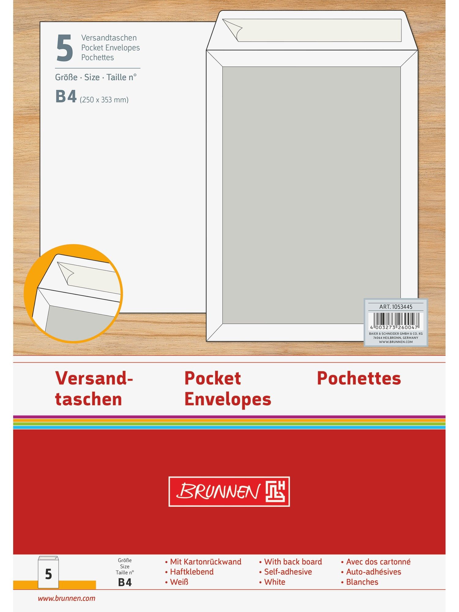 Baier & Schneider Versandtasche Versandtaschen mit Kartonrückwand 250x353 mm B4 weiß, graue Kartonrückwand
