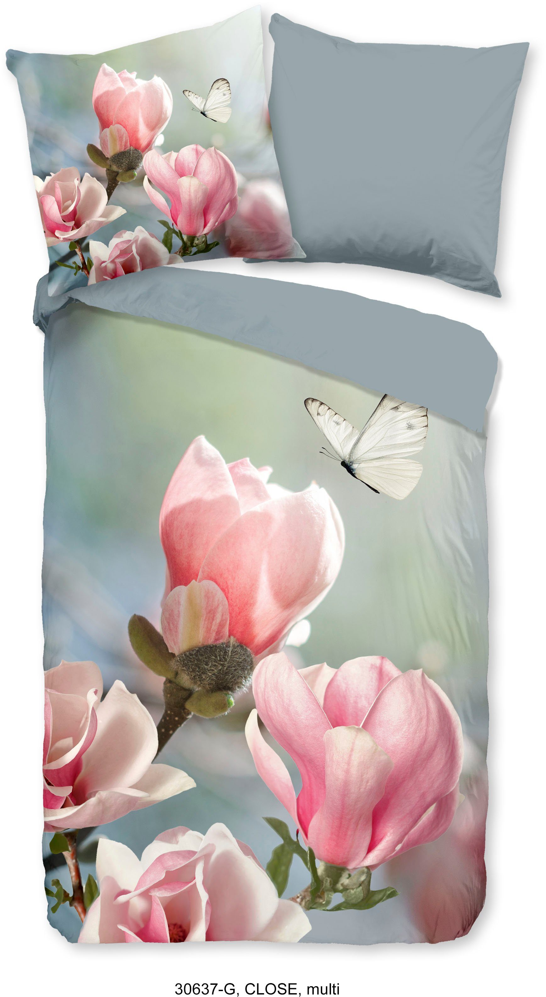 good morning Wendebettwäsche Close, Renforcé, 2 teilig, 100% Baumwolle, 135x200, Reißverschluss, Wendeoptik, Magnolie, Blumen