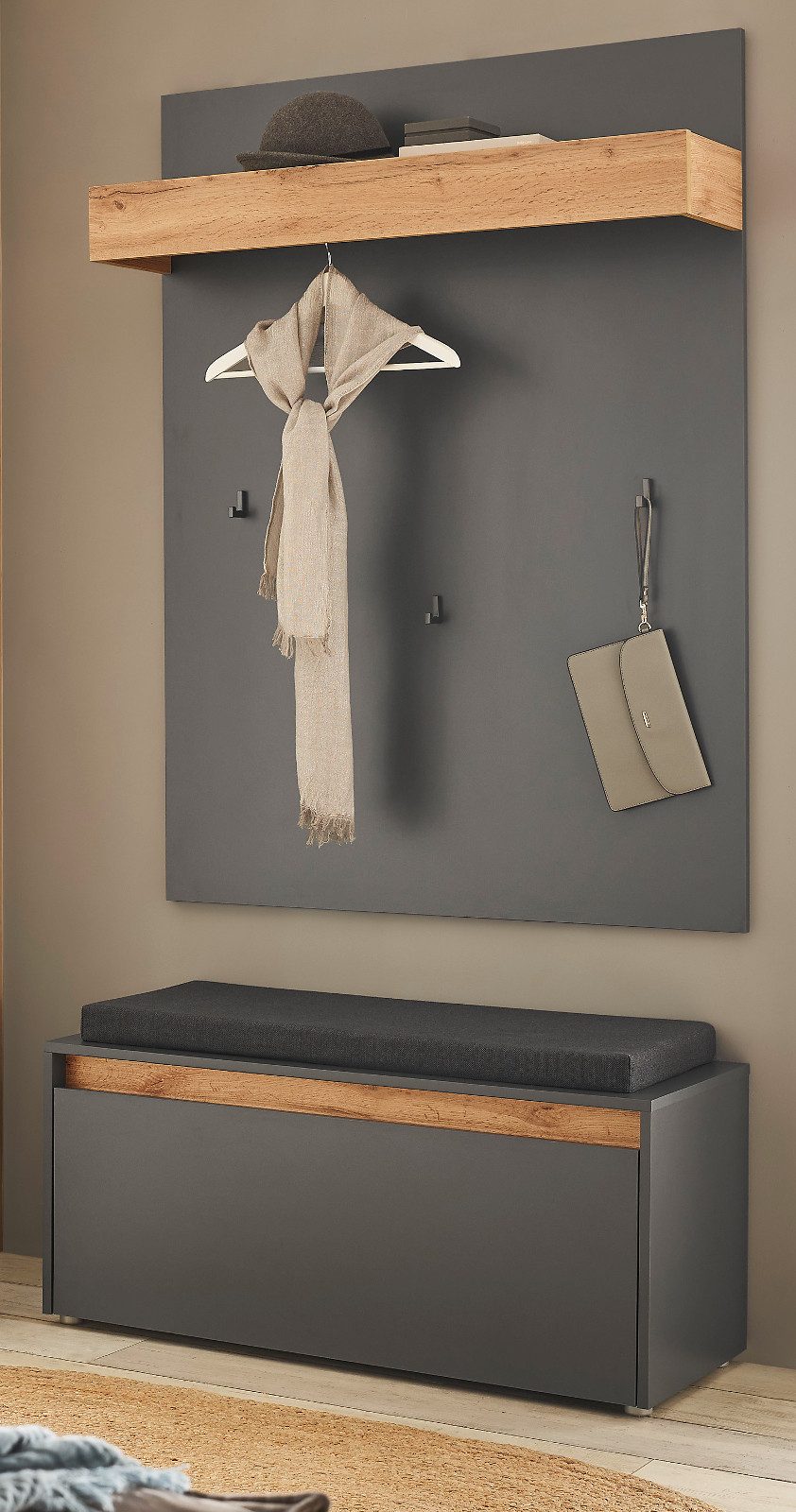 Furn.Design Garderoben-Set Center, (in grau matt und Wotan Eiche, 3-St., 100 x 200 cm), inklusive Sitzkissen