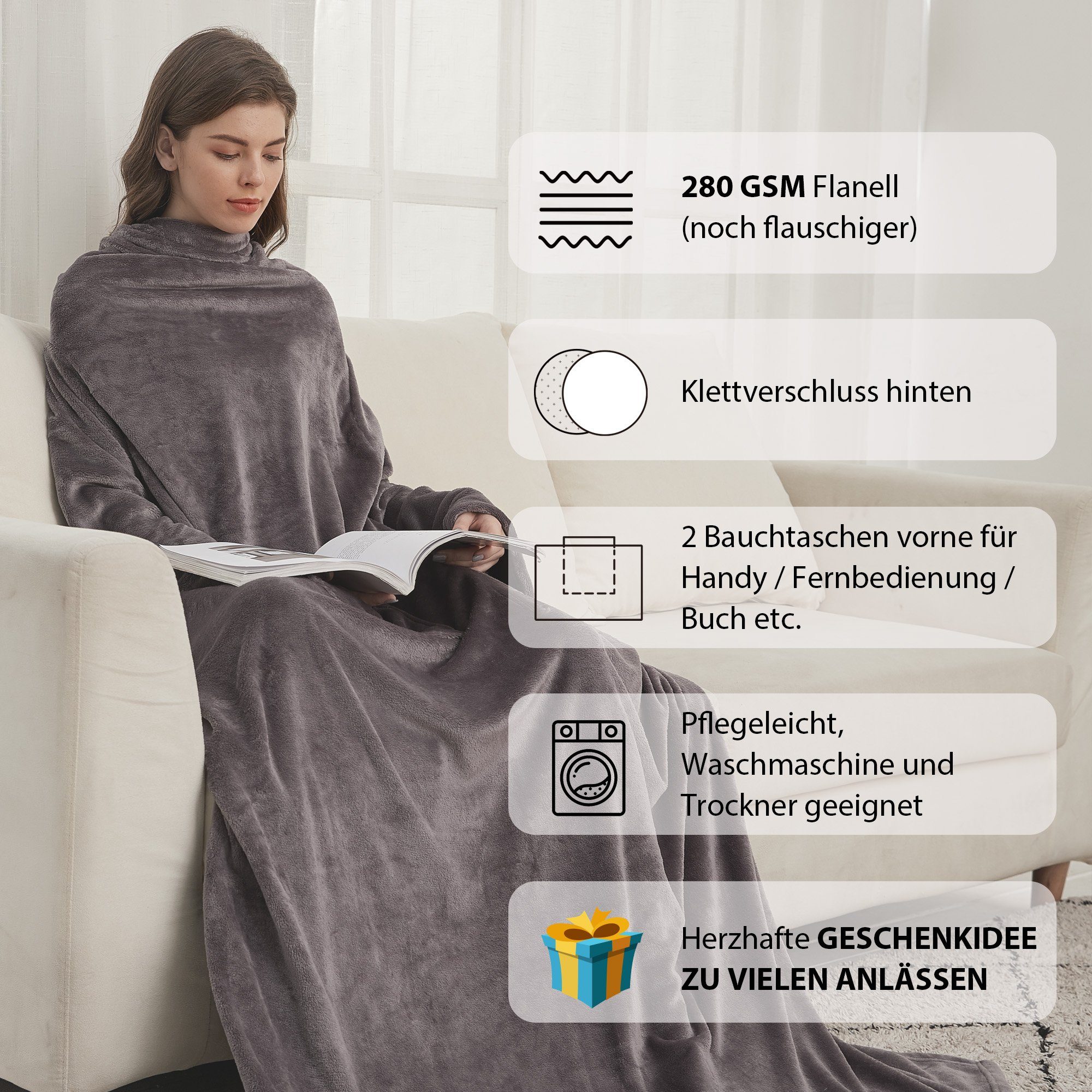 Wohndecke anziehbare Kuscheldecke mit Ärmeln, Geburtstagsgeschenk für Fraue günstig online kaufen