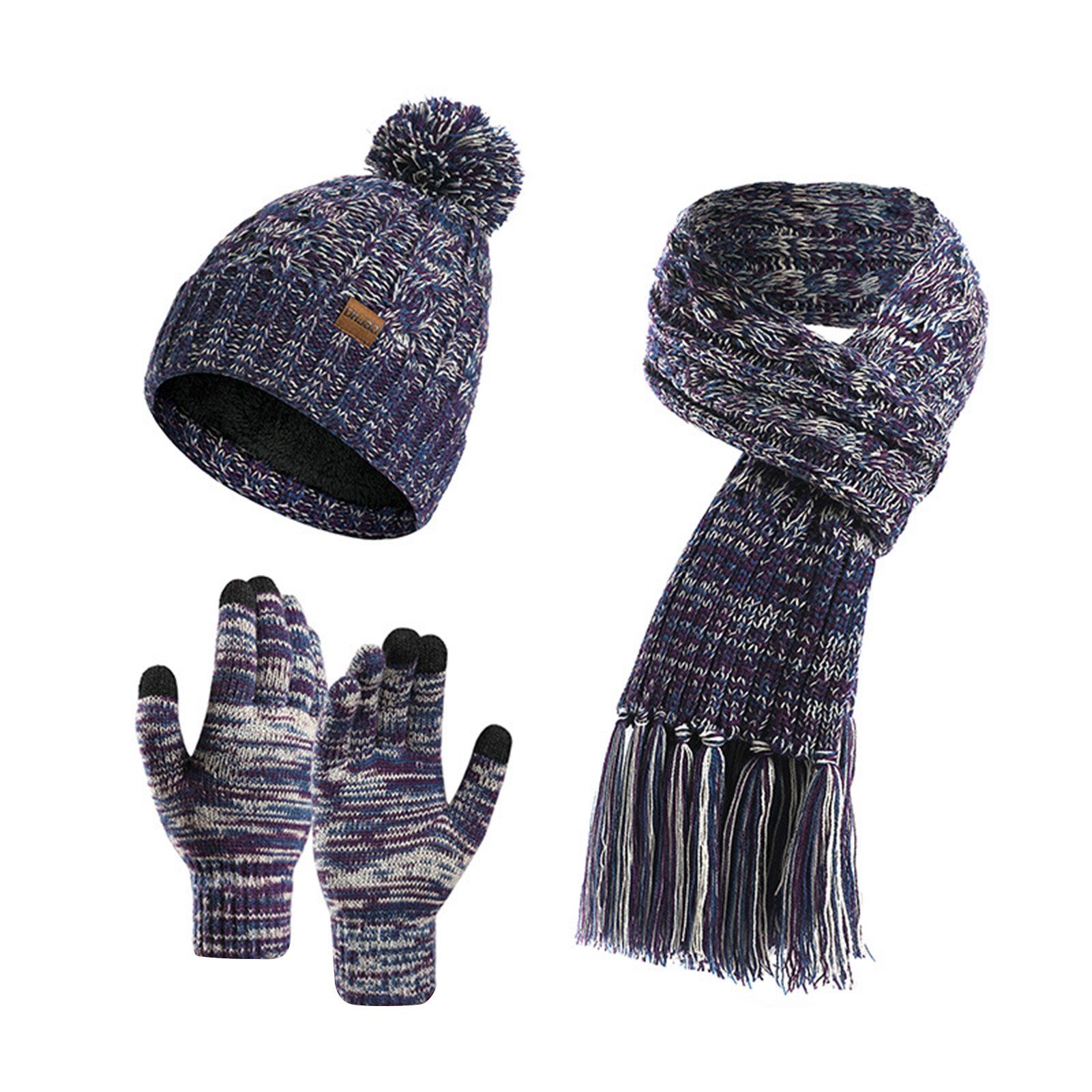 Rutaqian Schlupfmütze Wintermütze Schal Touchscreen Handschuhe Set (Ski 3-in-1 Winter-Set, Fleecefutter Warme Knit Hut Loop Schal Rutschfeste Handschuhe) Unisex Beanie Strickmütze Winterschal Thermo Handschuhe Lila