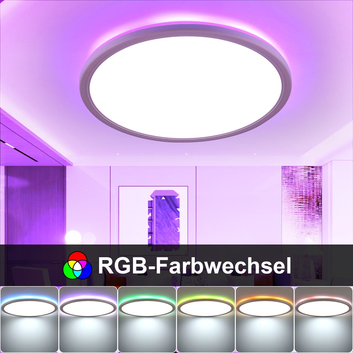 Deckenleuchte RGB mit LED integriert, Flach Rund, Fernbedienung, Schlafzimmer/Wohnzimmer/Badezimmer/Küche neutralweiß, Backlight RGB, iscooter fest 24W LED Deckenlampe, Dimmbar für warmweiß, Deckenlampe Ultra LED Dünn kaltweiß,