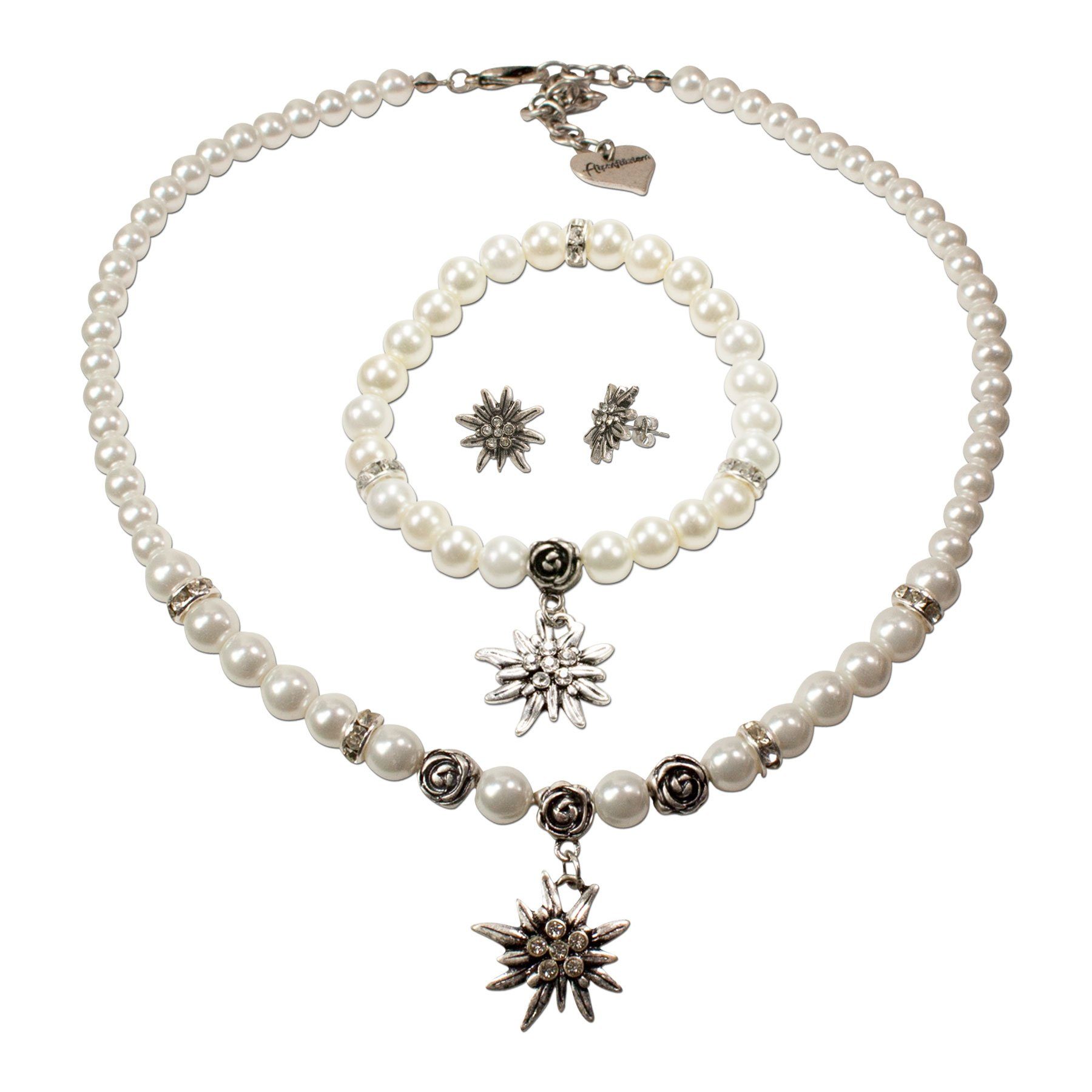 Alpenflüstern Ketten-Set Trachtenschmuck-Set Perlen-Trachtenkette, Armband und Ohrstecker Strass-Edelweiß (creme-weiß), - Damen-Trachten-Schmuck, Trachtenset Dirndl-Kette, Armkette, Ohrringe