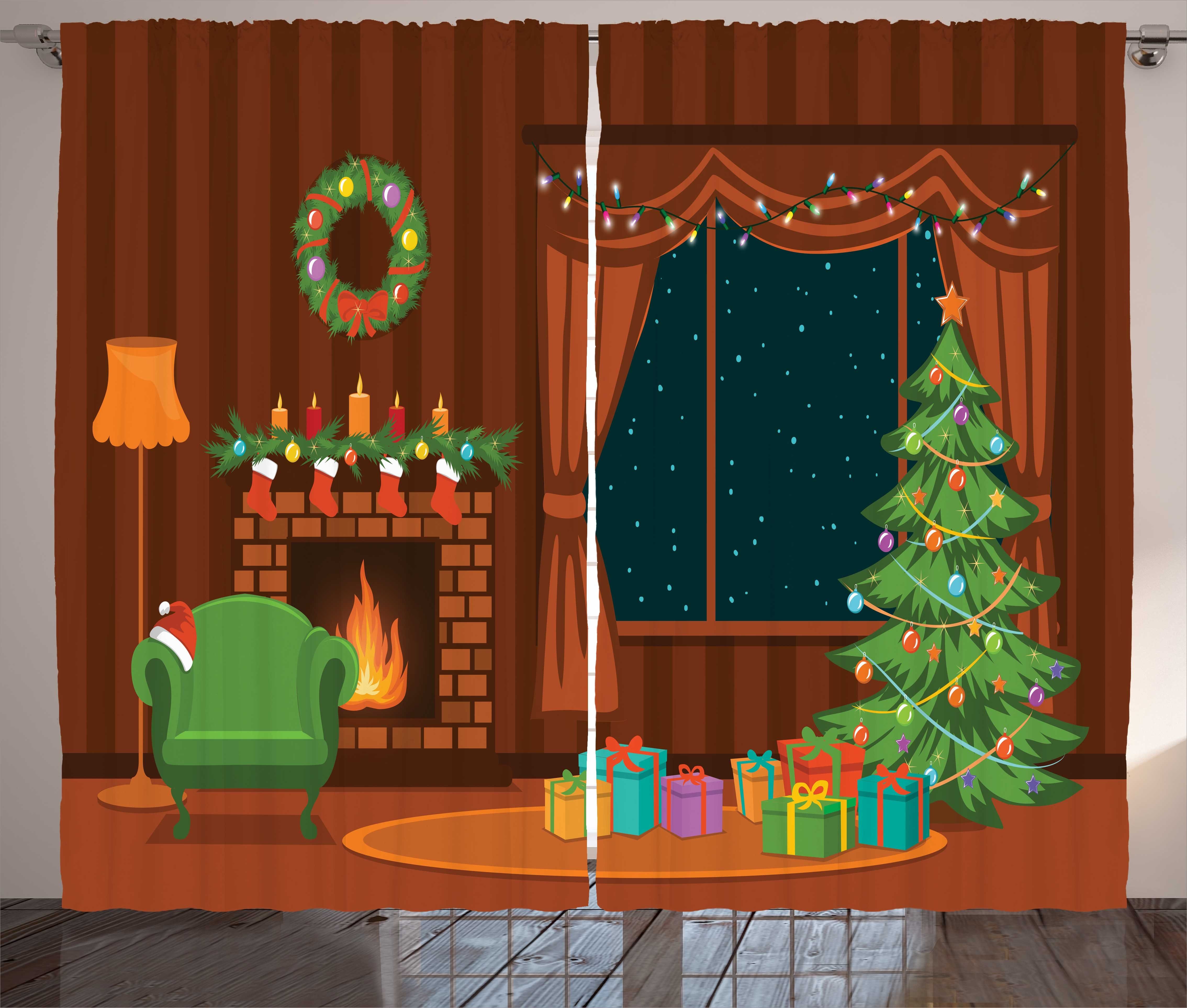 Gardine Schlafzimmer Kräuselband Vorhang mit Schlaufen und Haken, Abakuhaus, Kamin Cartoon-Weihnachtszimmer