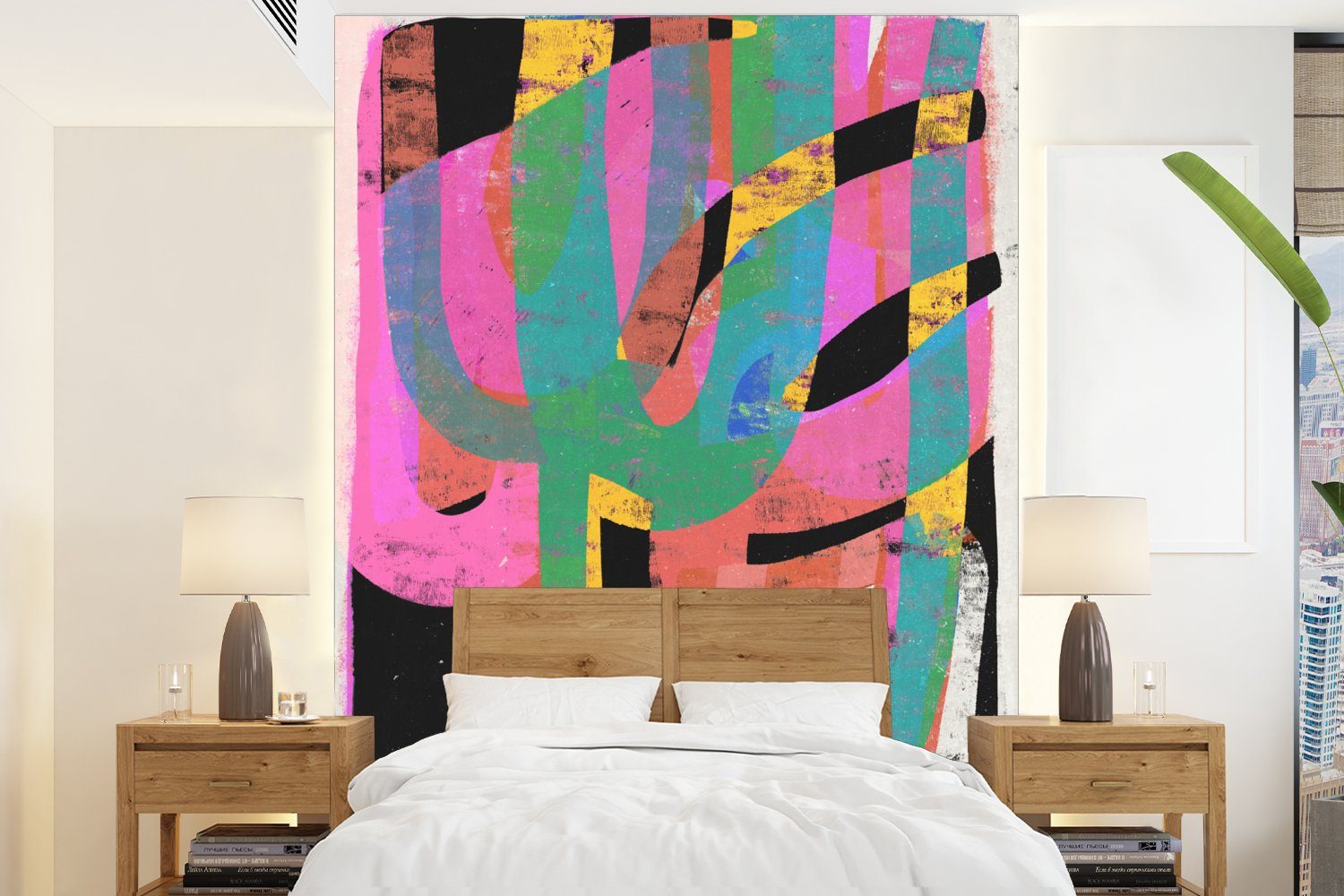 MuchoWow Fototapete Abstrakt - Farben - Rosa - Grün - Kunst, Matt, bedruckt, (4 St), Montagefertig Vinyl Tapete für Wohnzimmer, Wandtapete