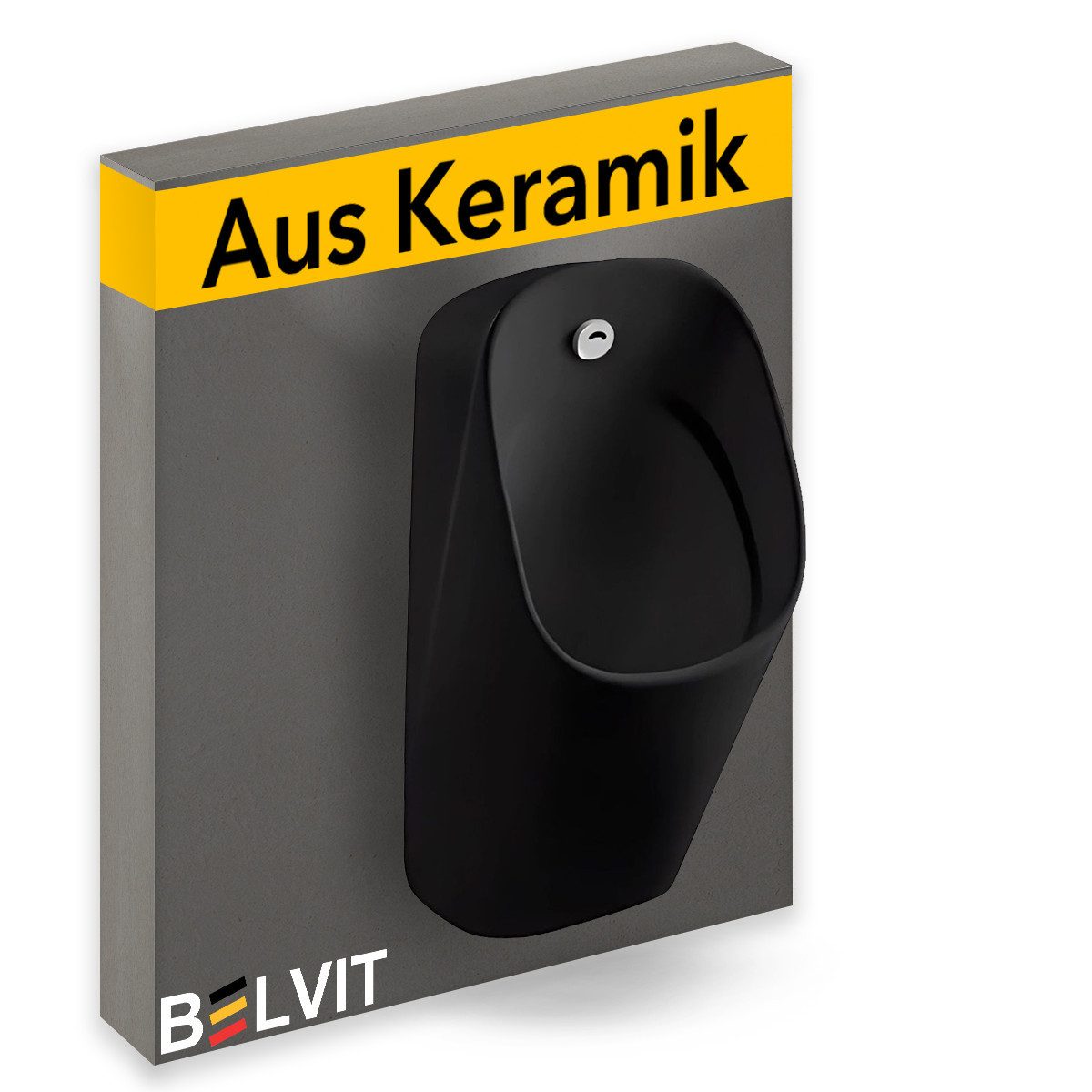 Belvit Urinal mit Sensor Rückwandanschluss 30x59x33,5 cm – Pissoir wandhängend, Keramik, Automatische Spülung, (1-tlg., Batterieversorgung ohne Stromanschluss), berührungsloser Spülung in Mattschwarz, Weiß matt oder glänzend