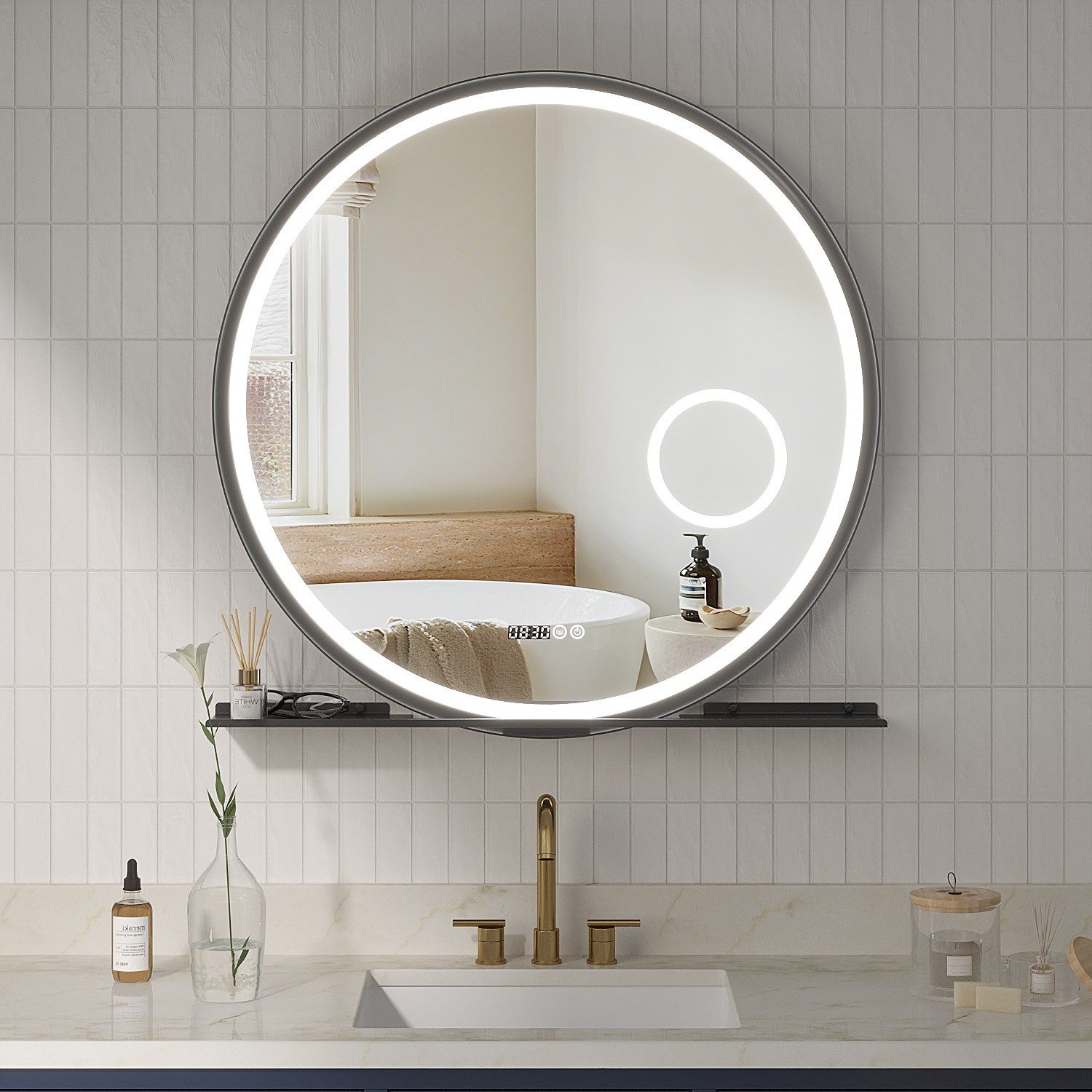 AQUABATOS Badspiegel Badezimmerspiegel rund 80 cm mit LED Beleuchtung dimmbar und Ablage, Wandspiegel,Beschlagfrei,3-Fach Vergrößerung Kosmetikspiegel,Uhr,IP44