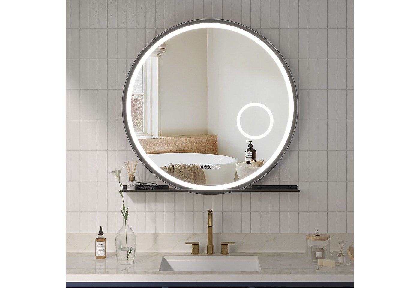 AQUABATOS Badspiegel Badezimmerspiegel rund 80 cm mit LED Beleuchtung dimmbar und Ablage, Wandspiegel,Beschlagfrei,3-Fach Vergrößerung Kosmetikspiegel,Uhr,IP44