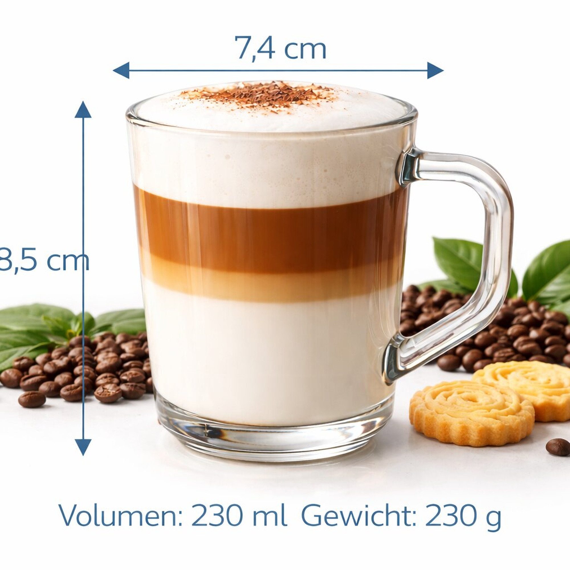 BigDean Latte-Macchiato-Tasse mit Henkel 230 ml klare Latte Gläser & Cappuccino Gläser Kaffeegläser, 6-tlg., Glas, Spülmaschinengeeignet, Mikrowellengeeignet, Stabiler Stand