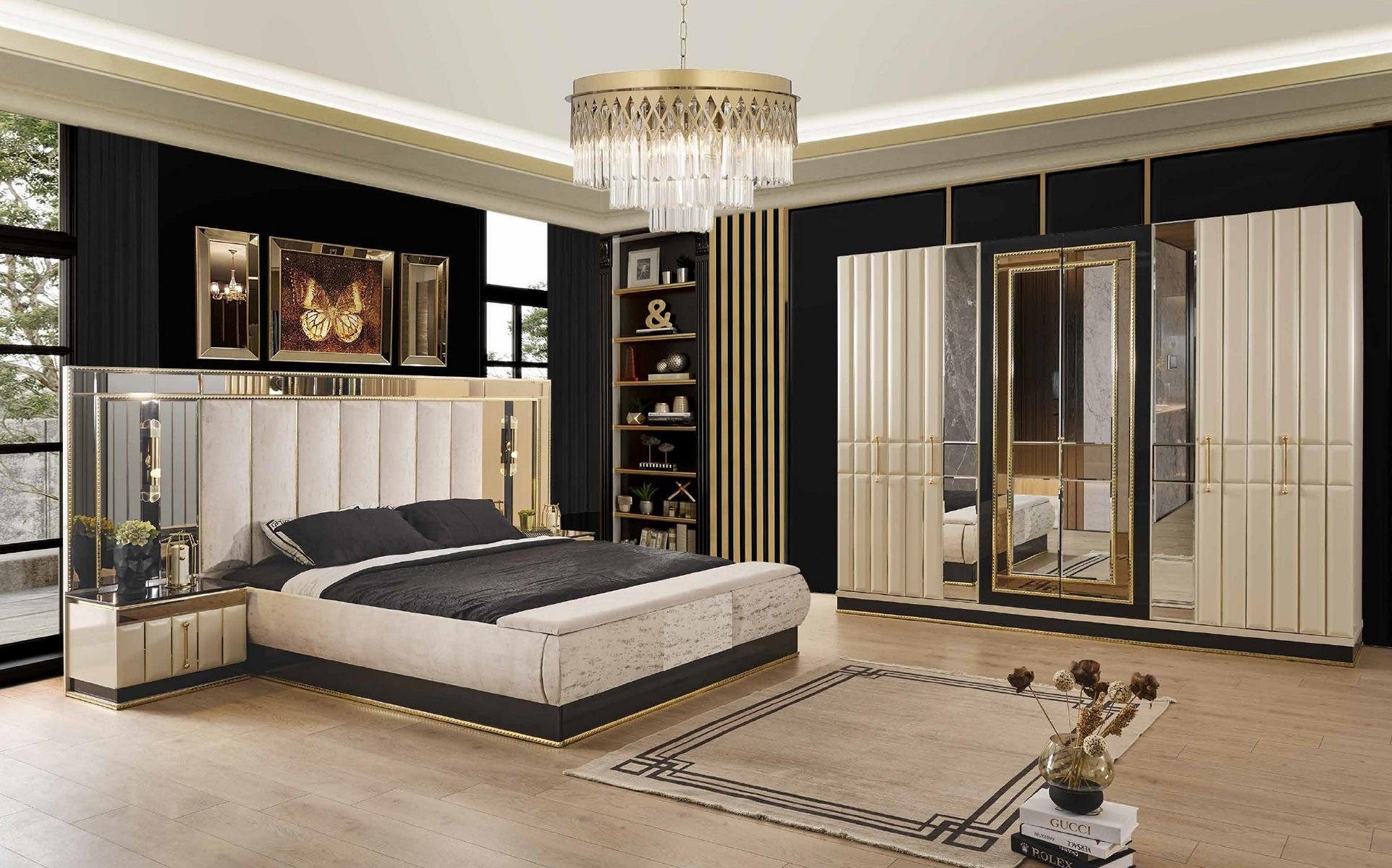 JVmoebel Schlafzimmer-Set Bett Nachttisch Kleiderschrank 4 tlg Set Design  Modern Luxus Betten