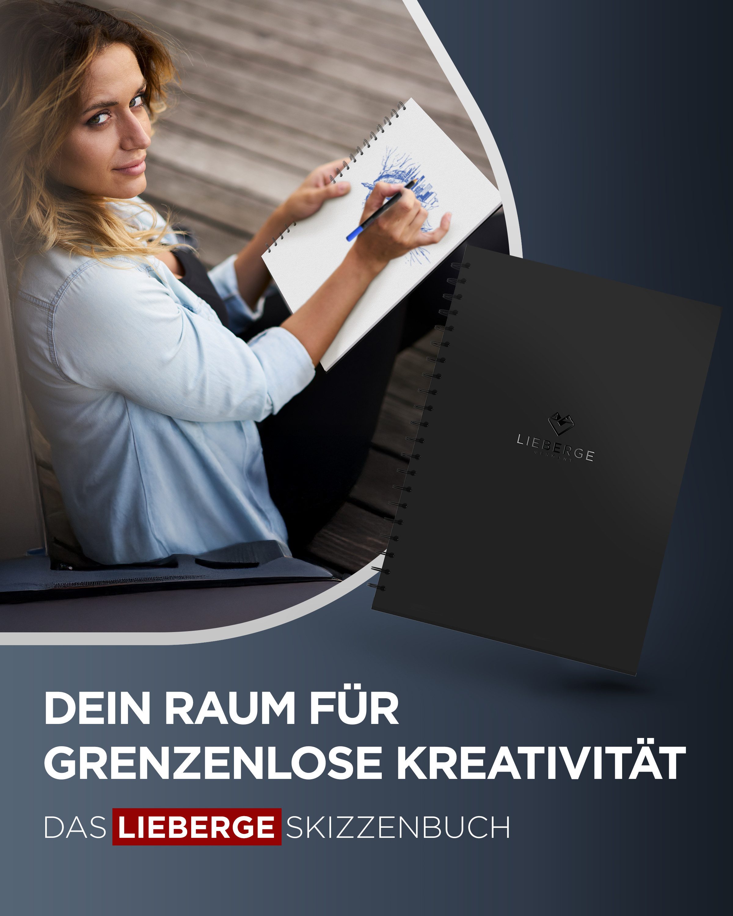 LIEBERGE Skizzenbuch Premium A4 220g – Radierfestes Sketchbook made in Germany, Säurefreies Papier, 220g/m², Hardcover
