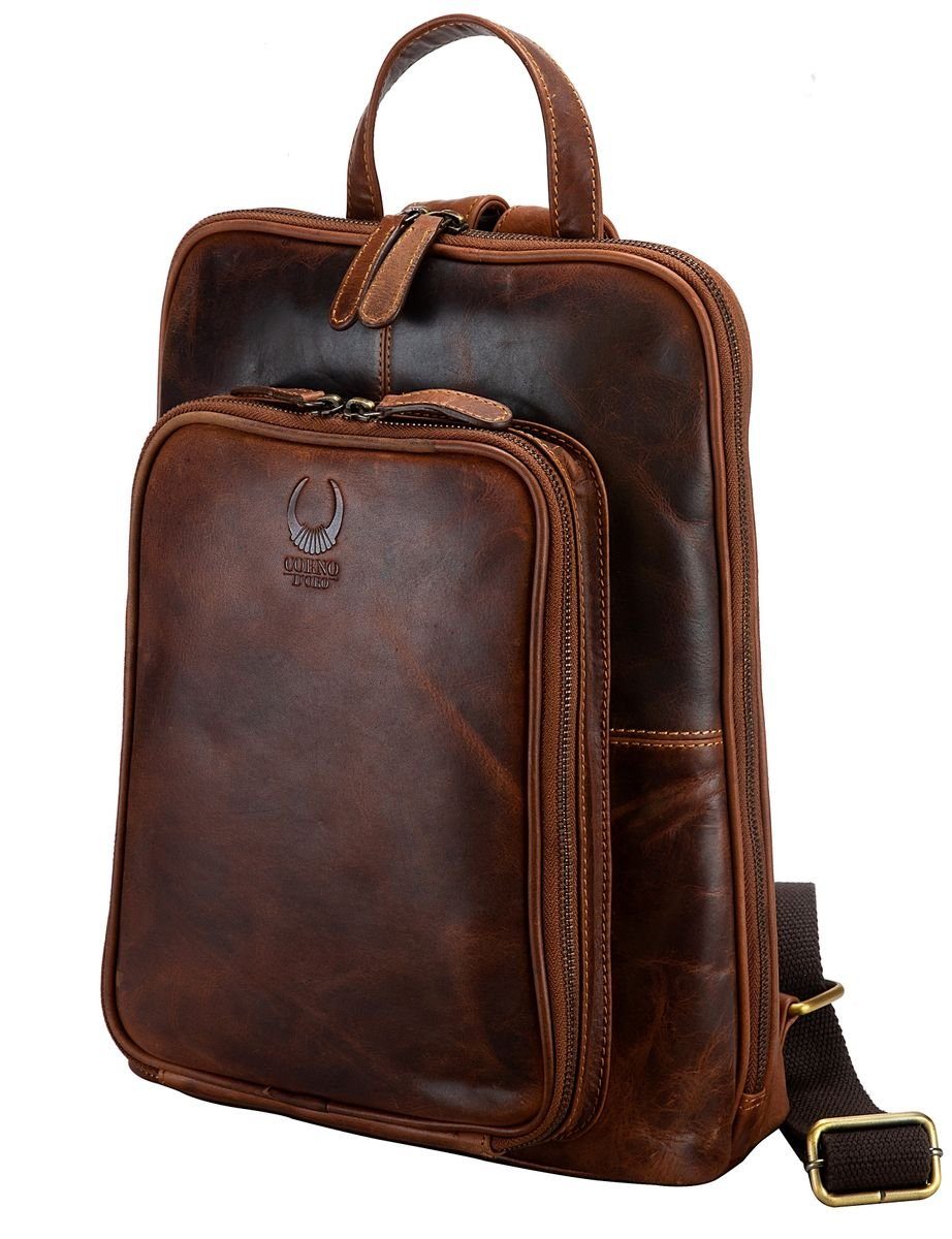 Corno d´Oro Cityrucksack Premium Echt Leder Rucksack Damen für 14 Zoll Laptop Vintage Braun