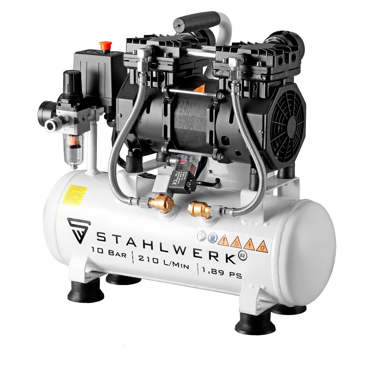 STAHLWERK Kompressor Druckluft Flüsterkompressor ST-110 Pro mit 10 Bar,  max. 10 bar, 10 l, 13-tlg., 7 Jahre Garantie - 1390 Watt / 1,89 PS  verschleißfreier Brushless-Motor ist ölfrei und sehr leise, 10