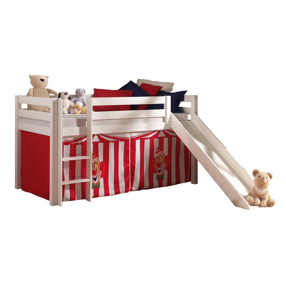 Lomadox Hochbett PINOO-12 Zirkus in Kiefer massiv weiß lackiert incl. Rutsche 210/114/218 cm