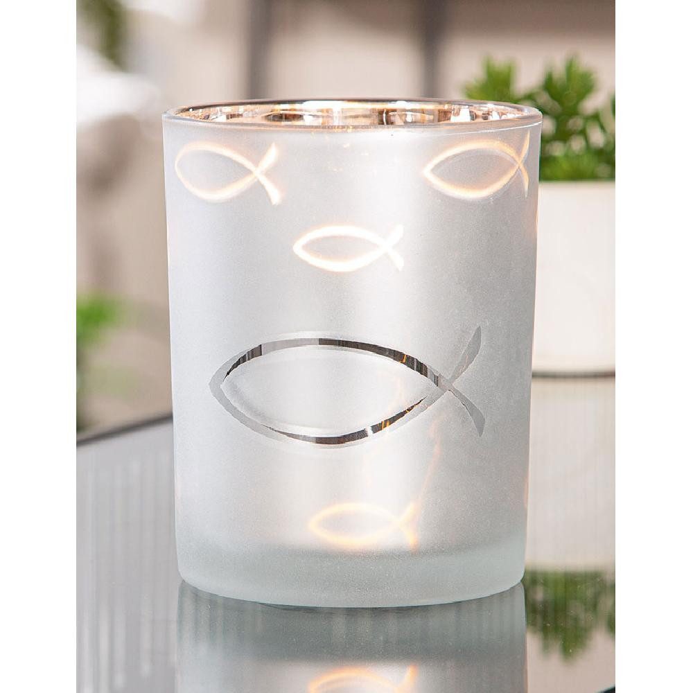 GILDE Kerzenhalter Windlicht Fisch Christenfisch Glas (12,5cm)