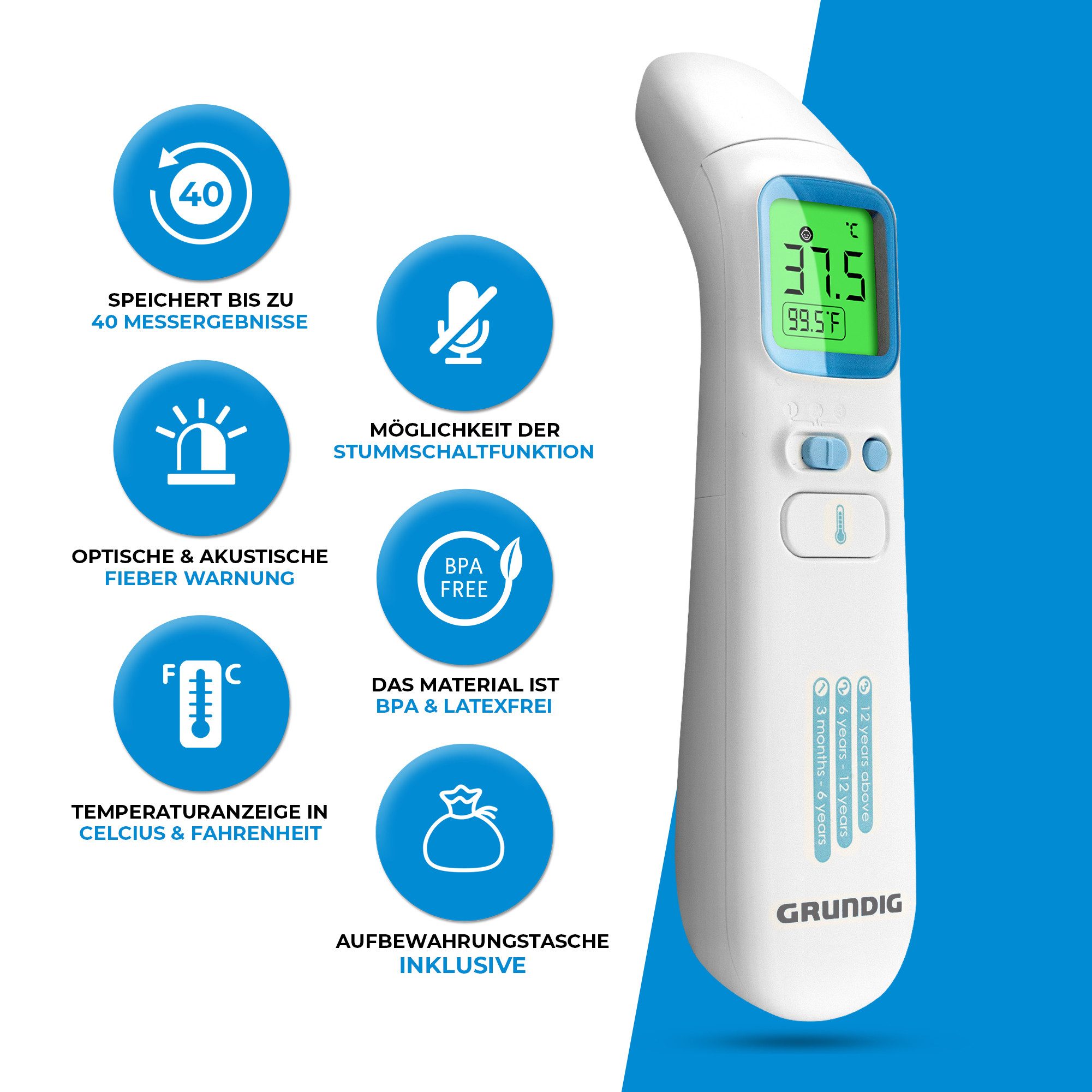 Grundig Infrarot-Fieberthermometer Thermometer Testsieger hochpräzise kontaktlos, ohne Batterien, hochpräzise kontaktlos und digital Fieber an Ohr Stirn und Objekten