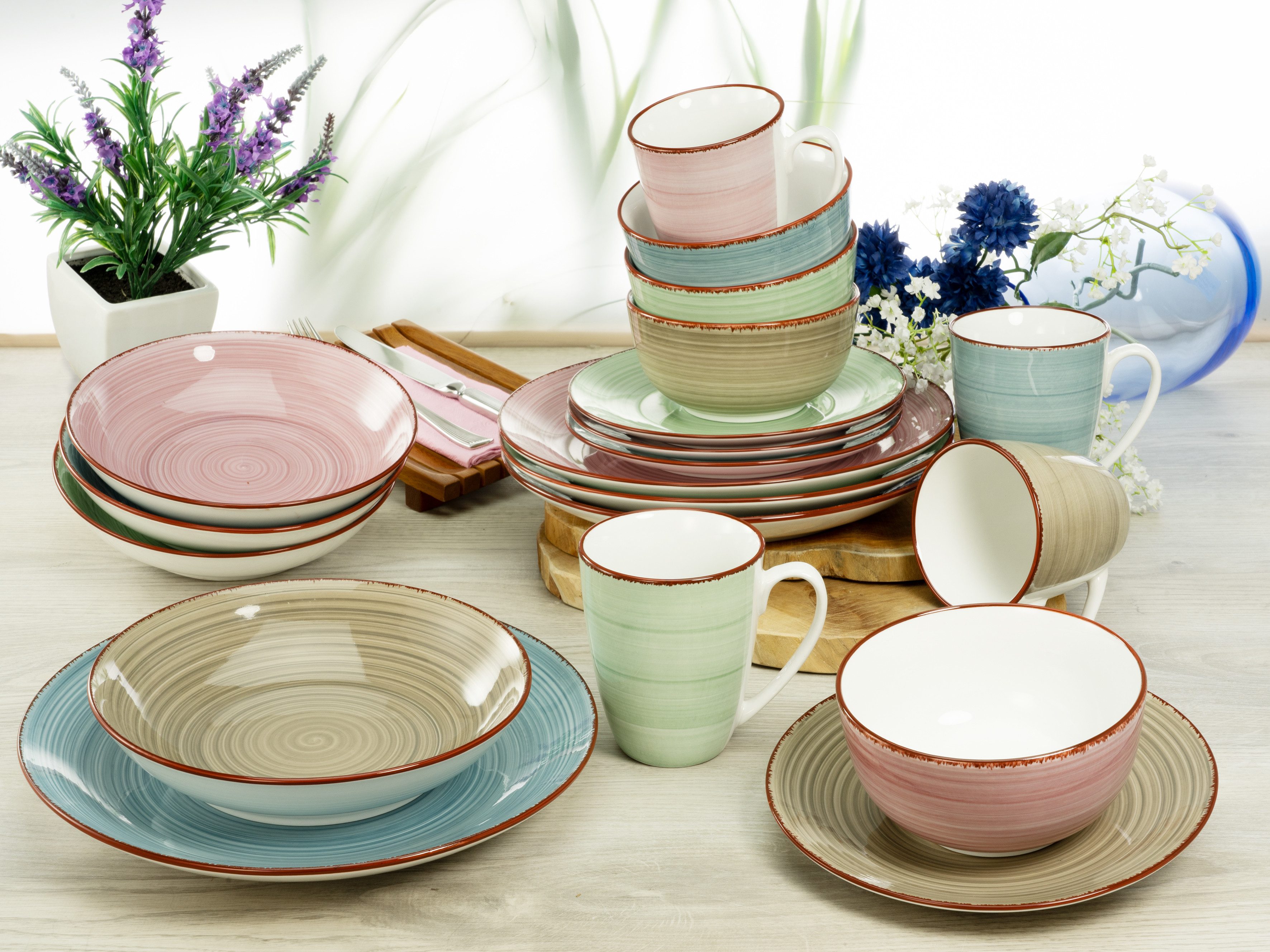 CreaTable Kombiservice Geschirr-Set Samba (20-tlg), 4 Personen, Porzellan, Service, handgemalter Spiraldekor, 20 Teile, für 4 Personen