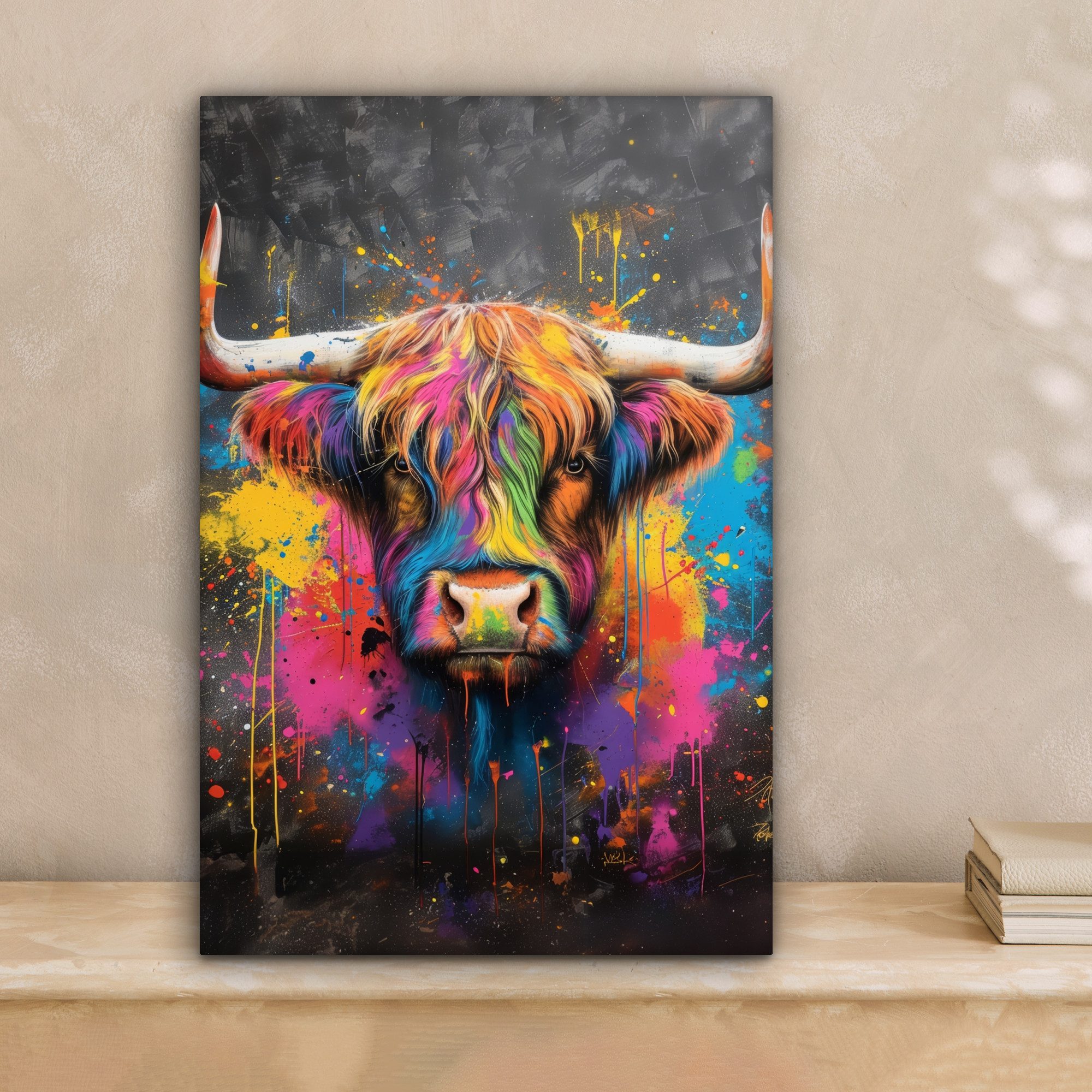 OneMillionCanvasses® Leinwandbild Graffiti - Schottische Highlander - Kuh - günstig online kaufen