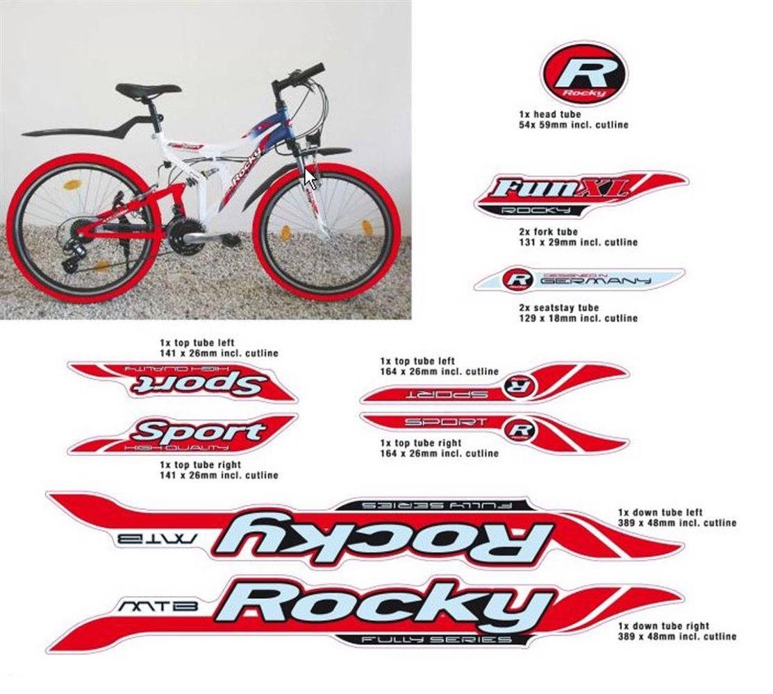 Non-Branded Fahrradrahmen Fahrrad DEKOR ROCKY MTB Rahmen Frame Decal Sticker weiß rot 11 teilig