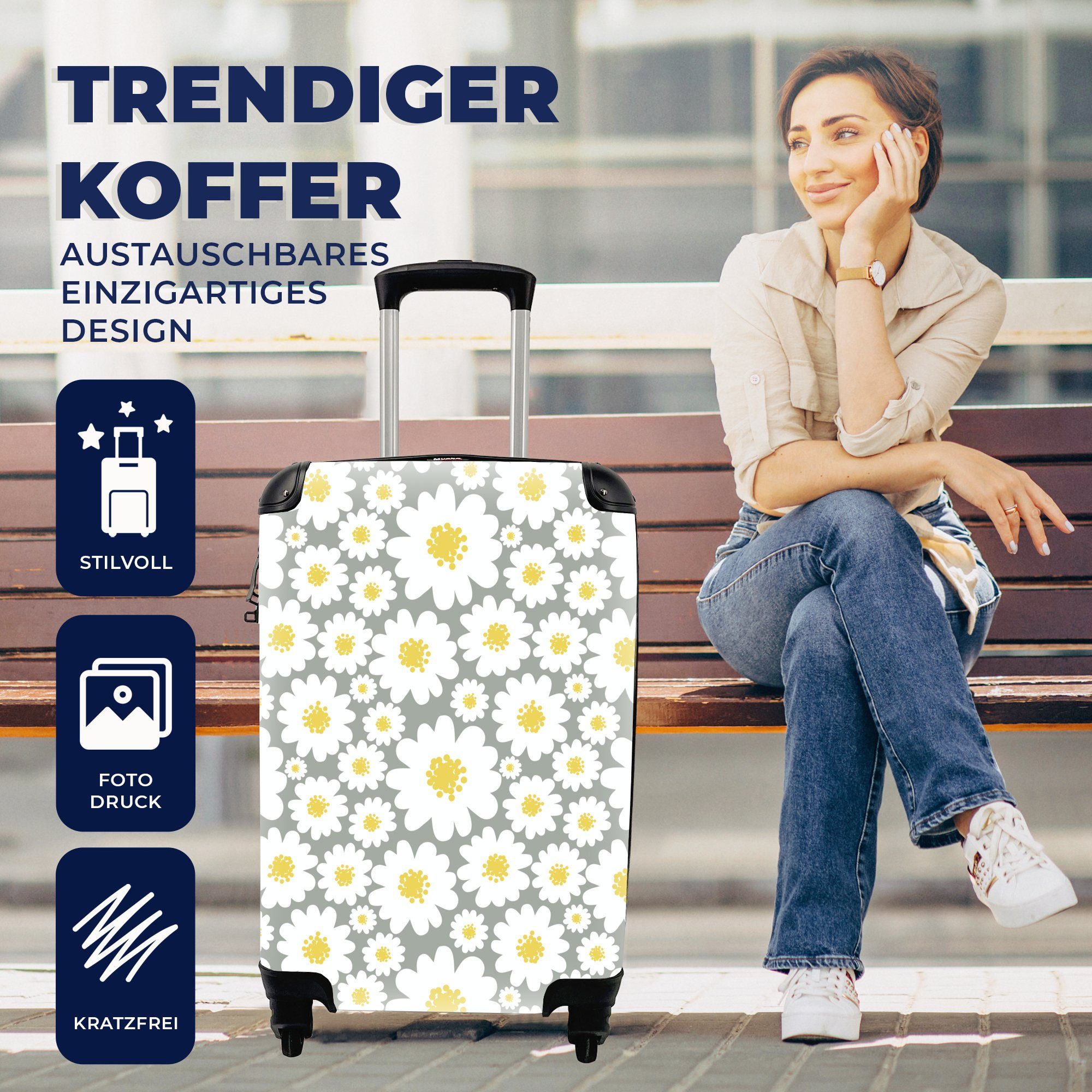 - mit für Muster Rollen, -, Trolley, Handgepäckkoffer Ferien, Handgepäck Reisekoffer Gänseblümchen - - Blumen Kinder Reisetasche Mädchen Weiß Mädchen rollen, - - - 4 MuchoWow