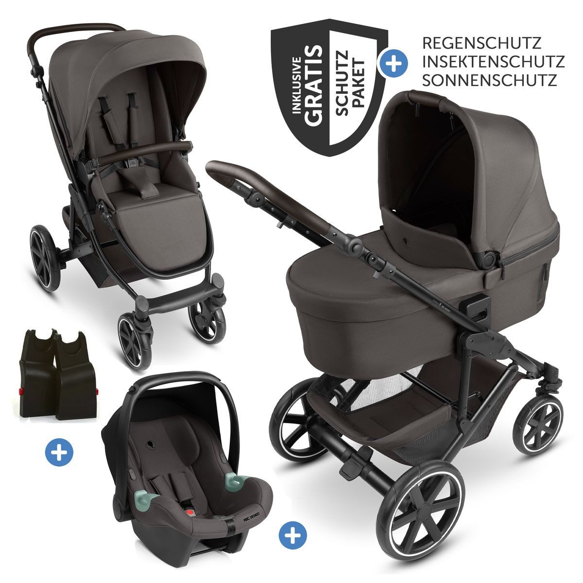 ABC Design Kombi-Kinderwagen Sierra 3in1 Set - Nut, Kinderwagen Buggy mit Babywanne, Babyschale, Sportsitz & Regenschutz