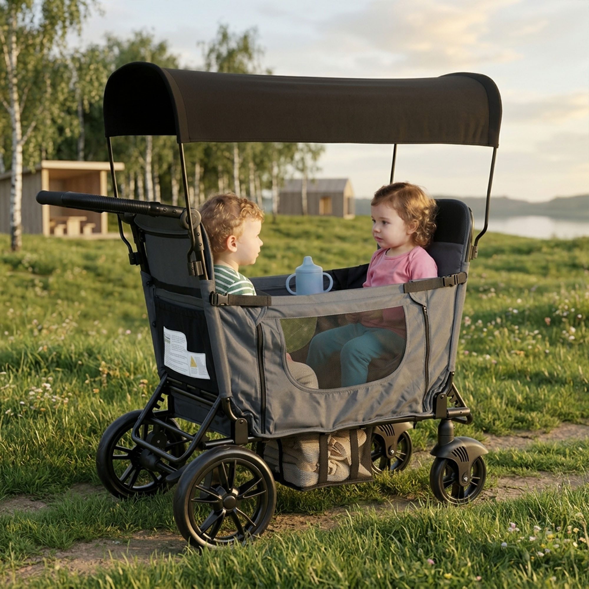 Flieks Bollerwagen, Faltbarer Bollerwagen für 2 Kinder mit Sonnendach & Sicherheitsgurt