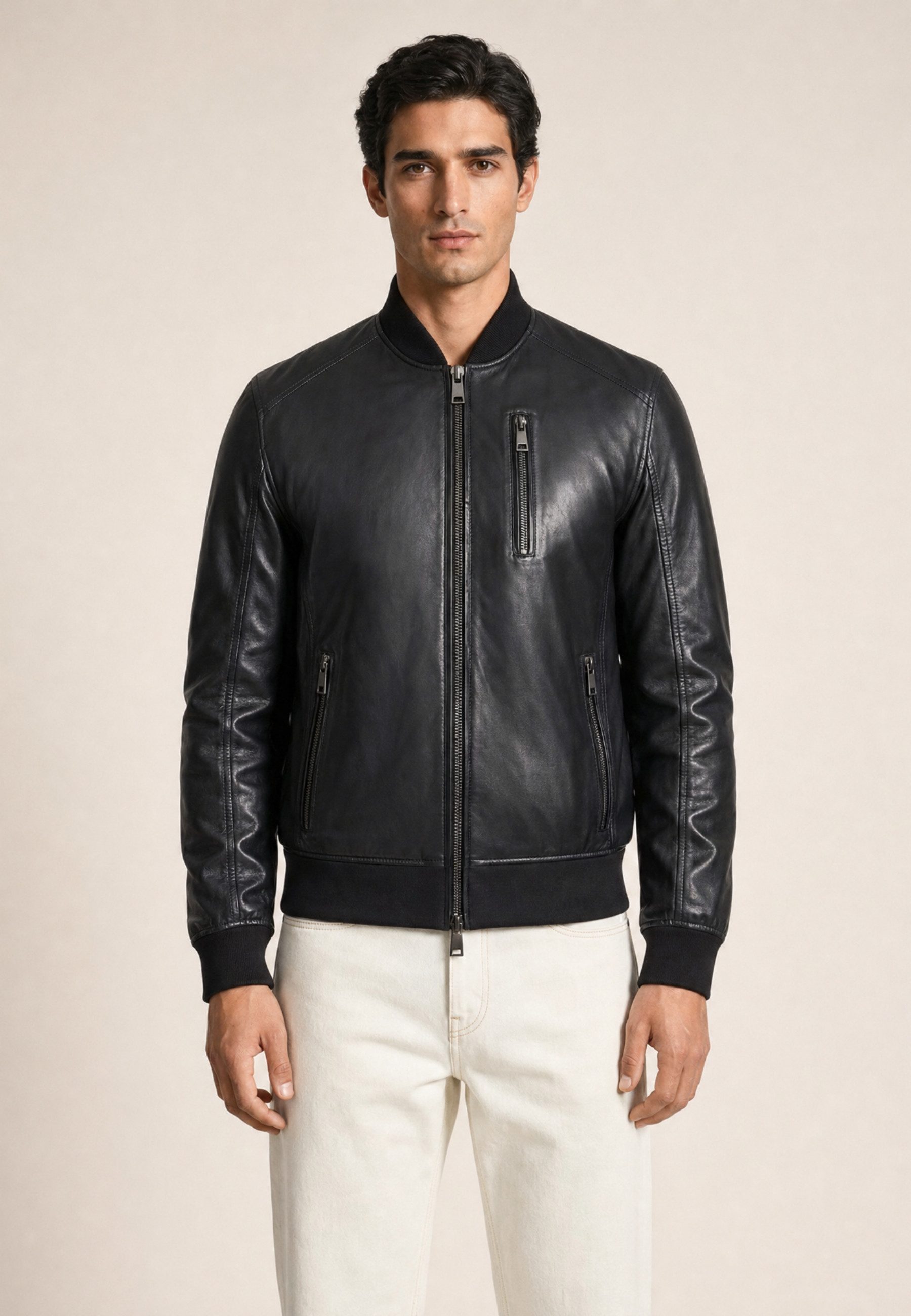 RICANO Samuel Lederjacke im College-Stil mit Stehkragen