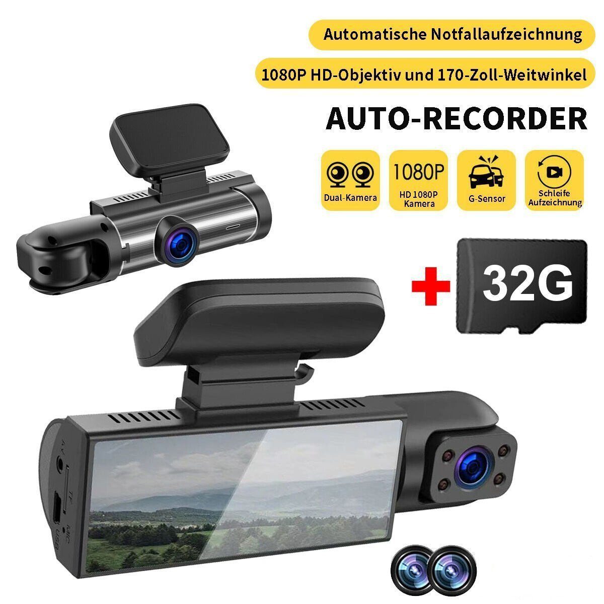 Gontence 32G+ Dual Lens Dash Cam 1080P HD Auto DVR Recorder Vorder Dashcam (HD, Dashcam Dashcam (HD), 1080P HD-Objektiv und 170° Weitwinkel)