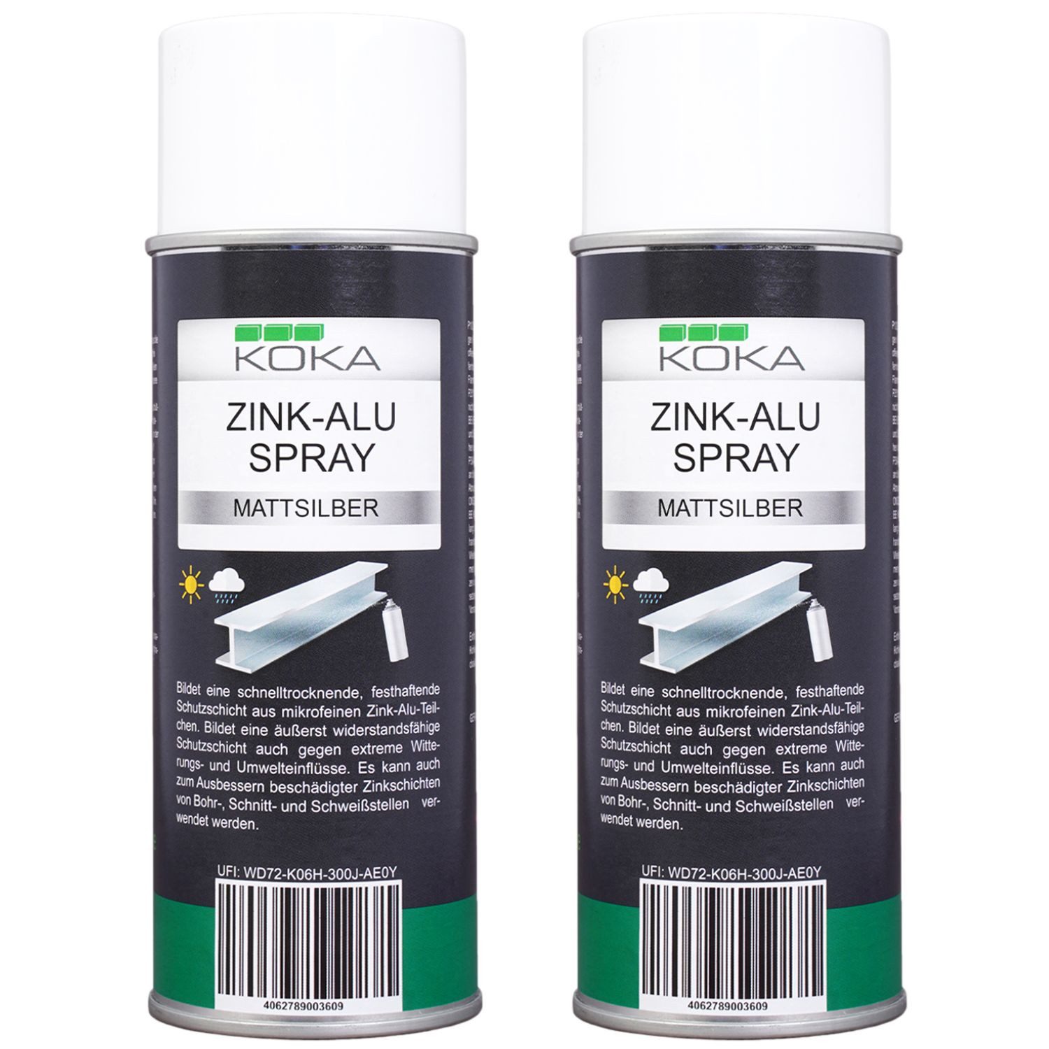 KOKA Sprühlack-Grundierung 2x Zinkspray Zink Alu Spray Hell Silber Matt, 2x 400ml, 1-tlg., 2x 400ml, Rostschutz Korrosionsschutz Grundierung überlackierbar bis +300°C