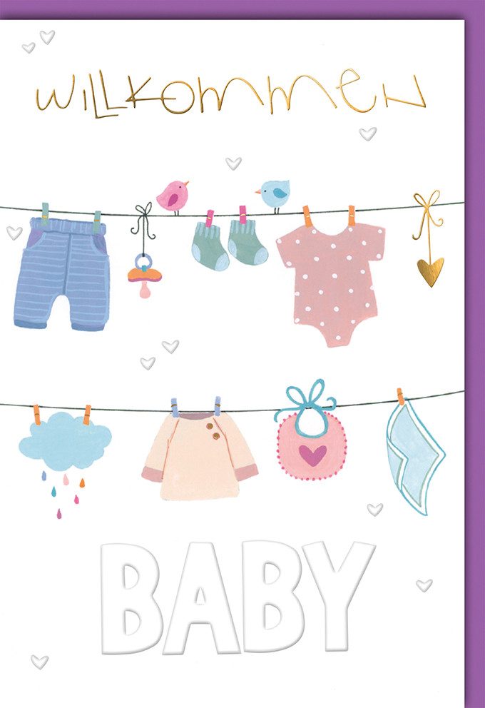 Grußkarten Geburt - Baby - Freudiges Ereignis - Karte mit Umschlag - Wäscheleine